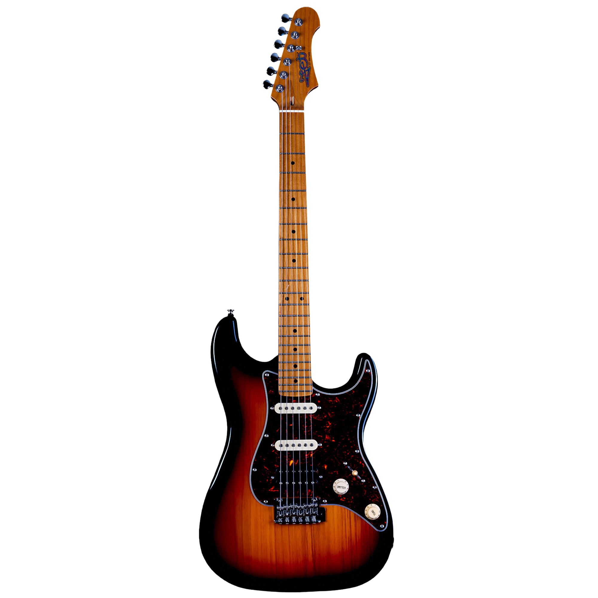 A Jet JS-400 Stratocaster Electric Guitar with a sunburst finish, featuring a black pickguard, dual humbucker pickups, and a maple neck, shown against a plain white background.