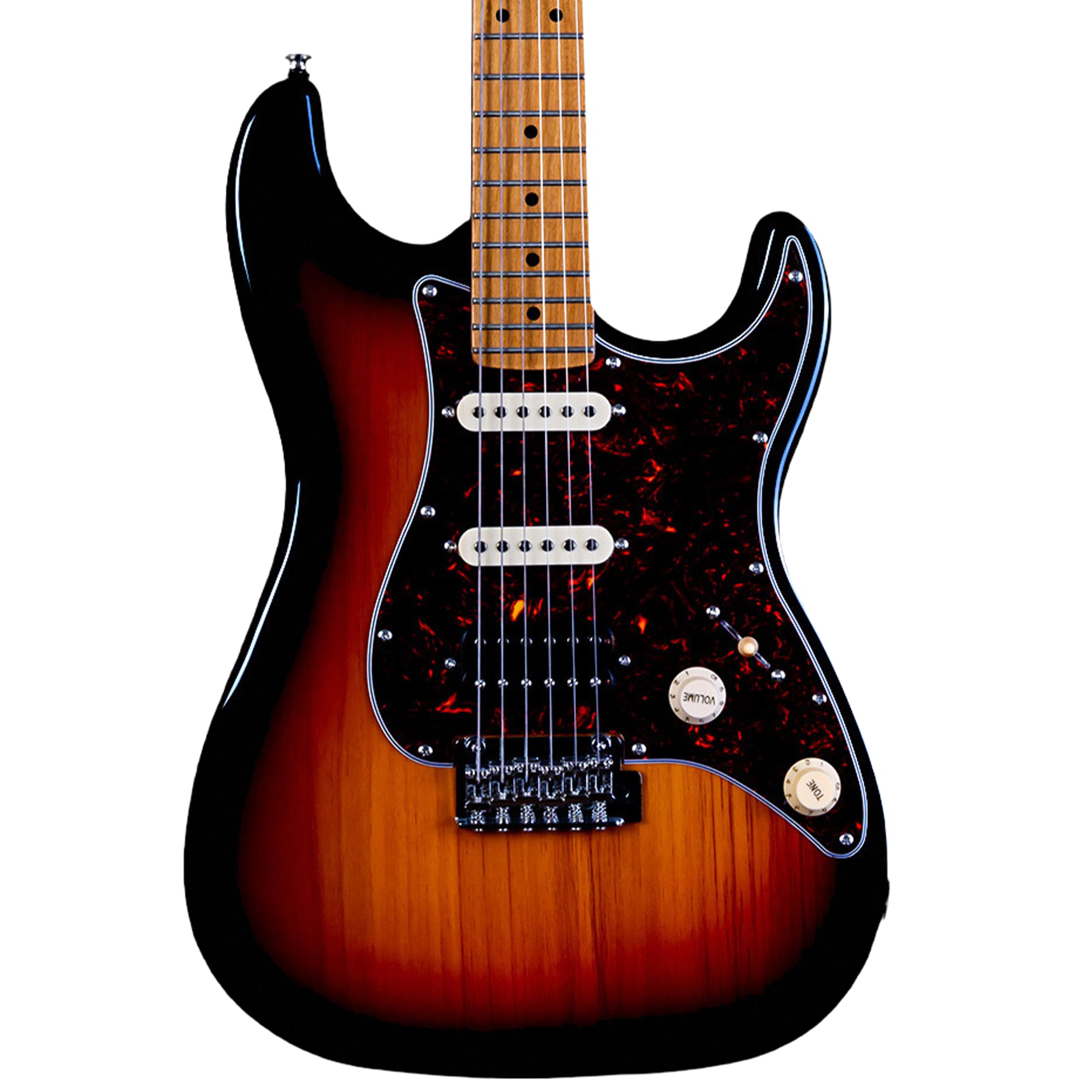 A Jet JS-400 Stratocaster Electric Guitar with a sunburst finish, featuring a black outer edge, a warm brown center, and a glossy tortoiseshell pickguard. The neck is made of a light natural wood.
