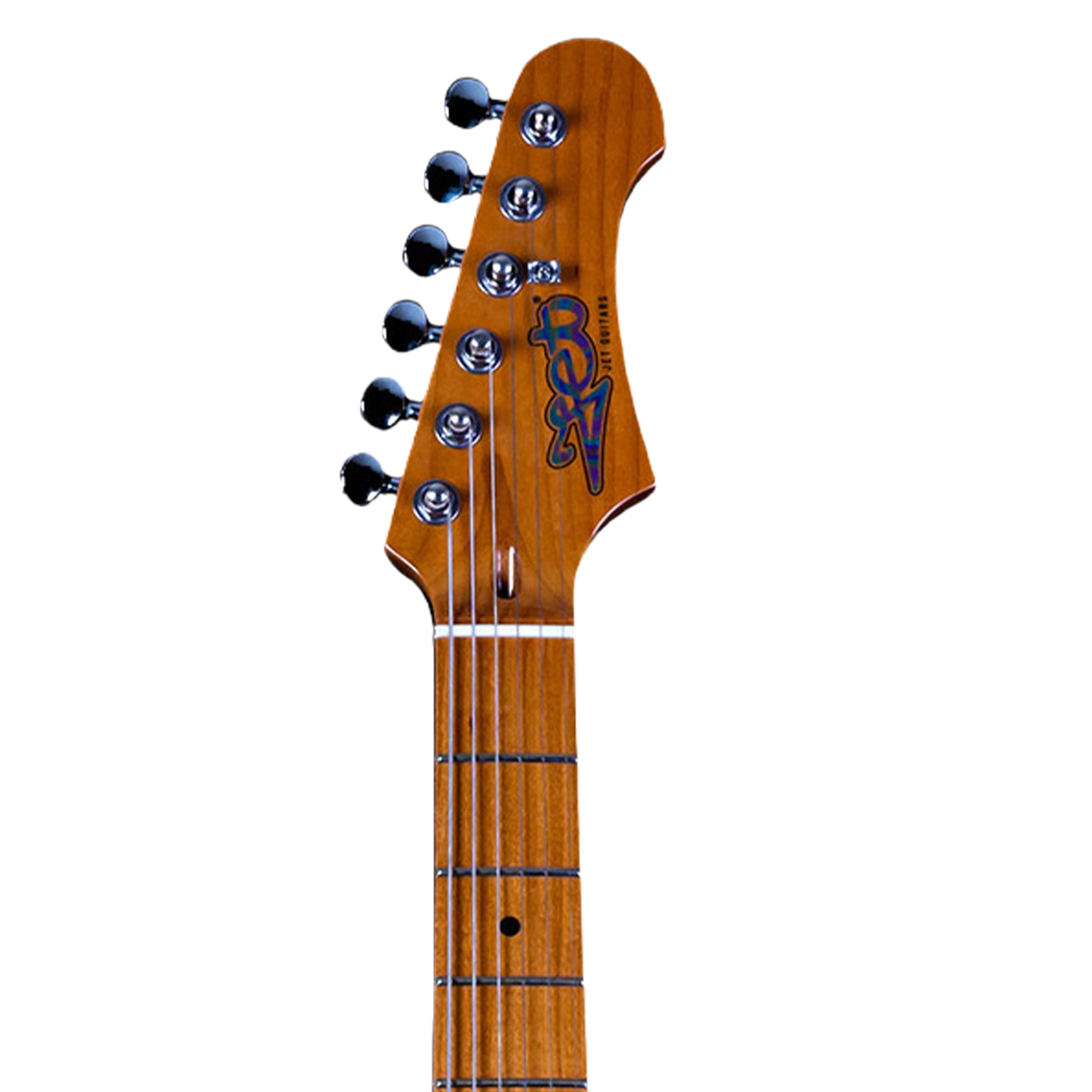 Close-up of the headstock and upper fretboard of a guitar with a natural wood finish, featuring six black tuning pegs and a blue and red 'Rusty' logo on a white background.
