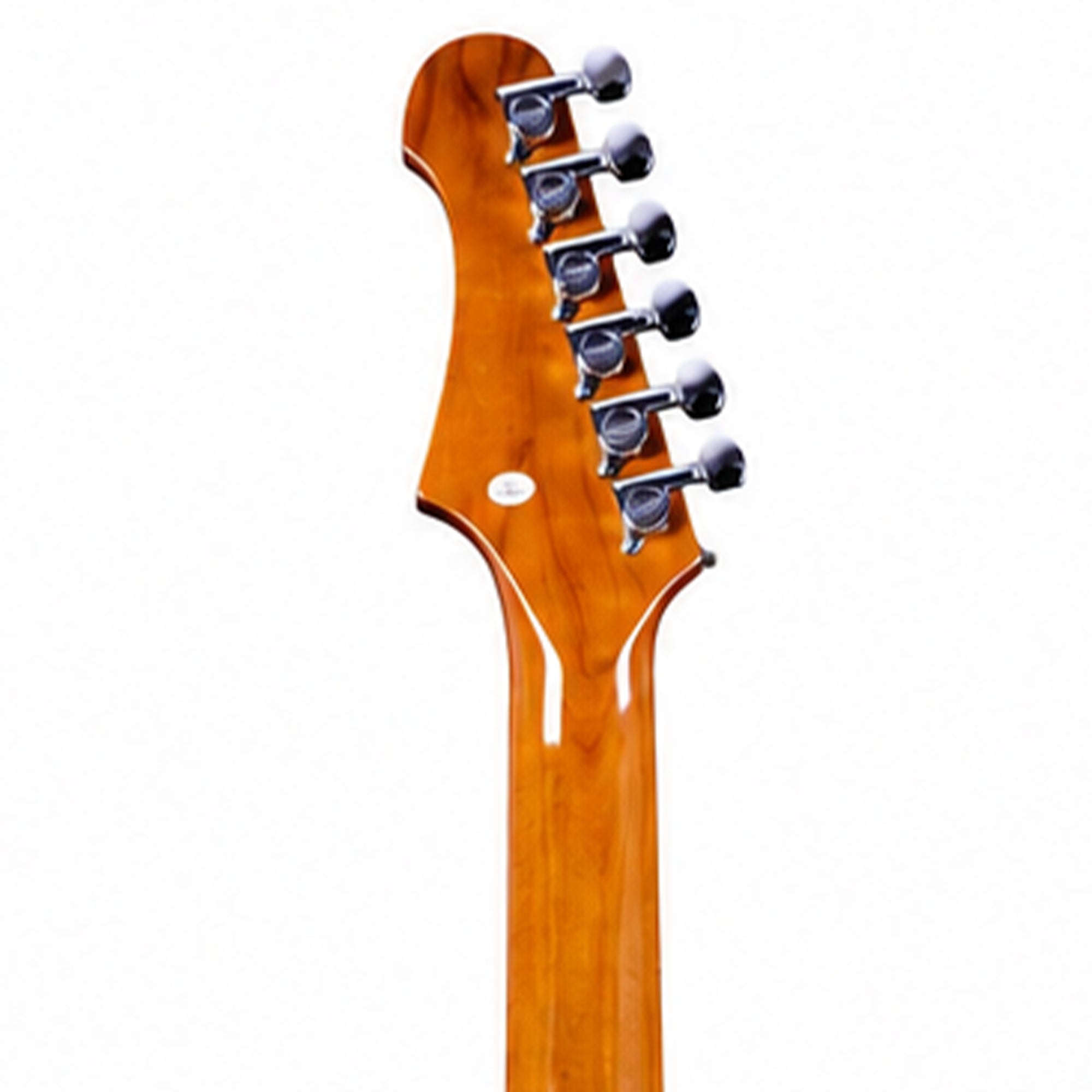 Close-up rear view of an electric guitar headstock with six black tuning pegs and a glossy orange-brown wood finish, shown against a plain white background.