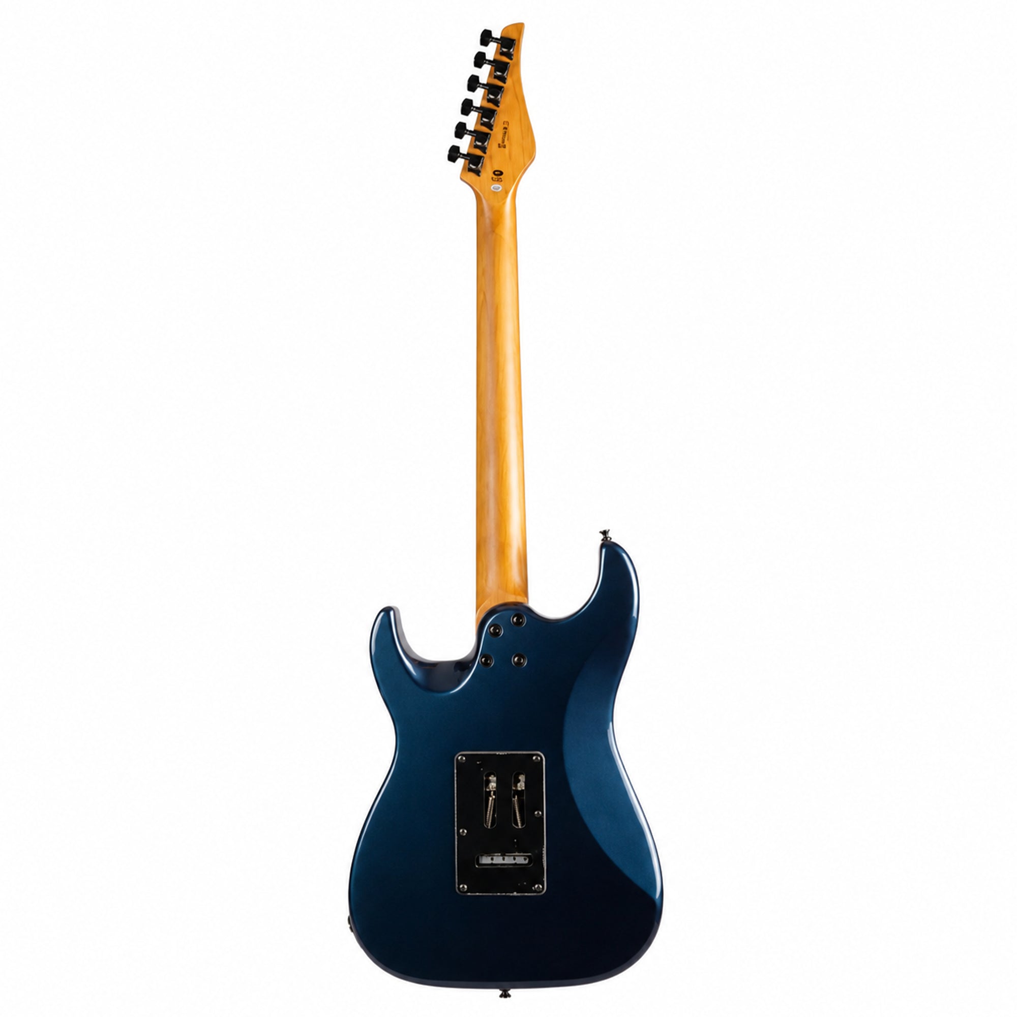 A Jet JS-800 Electric Guitar shown from the back, featuring a glossy navy blue body, a natural maple neck, and a black pickguard on a solid white background.