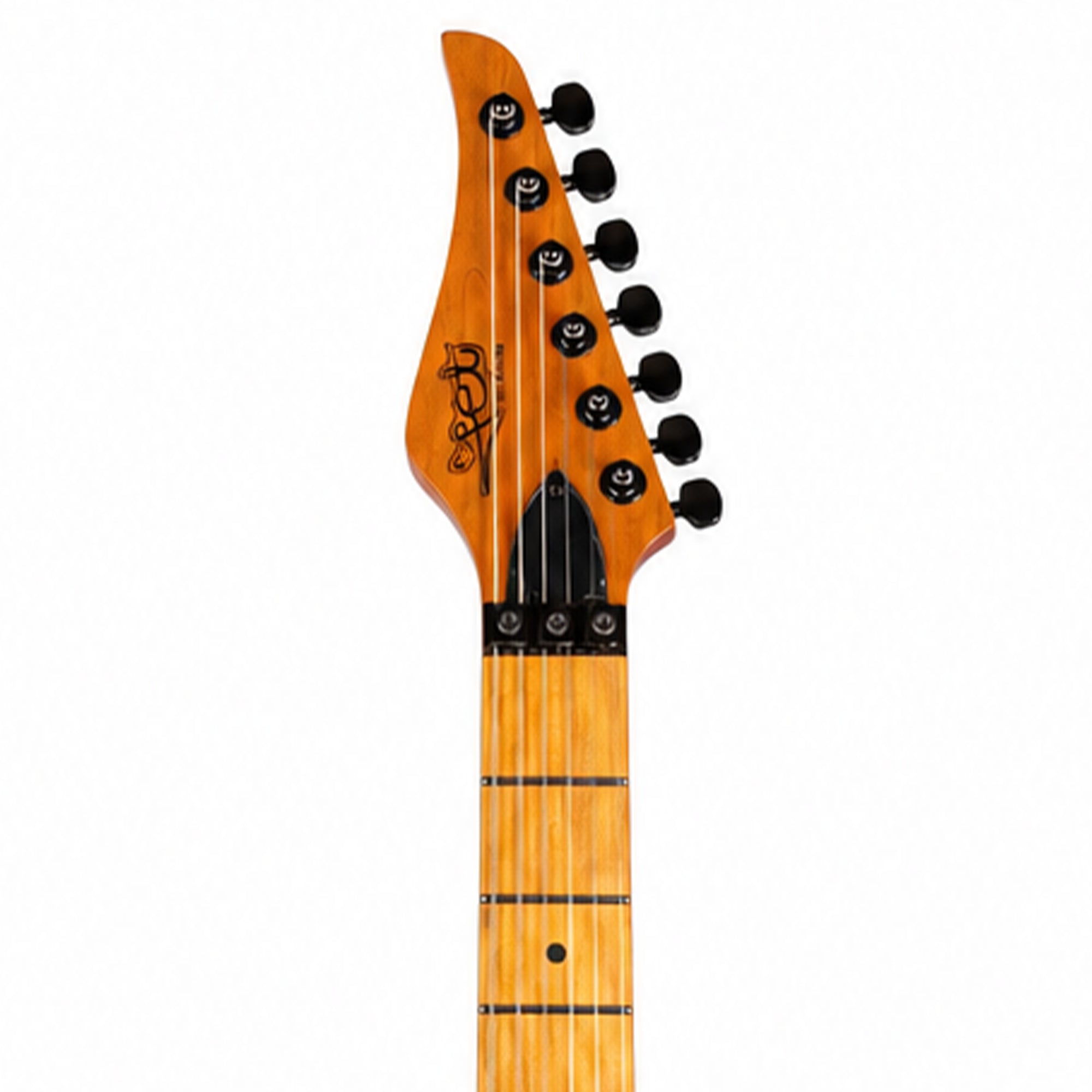 Close-up of a guitar headstock and upper neck with a bright orange maple wood finish, black tuning pegs, and black fretboard markings on a white background.