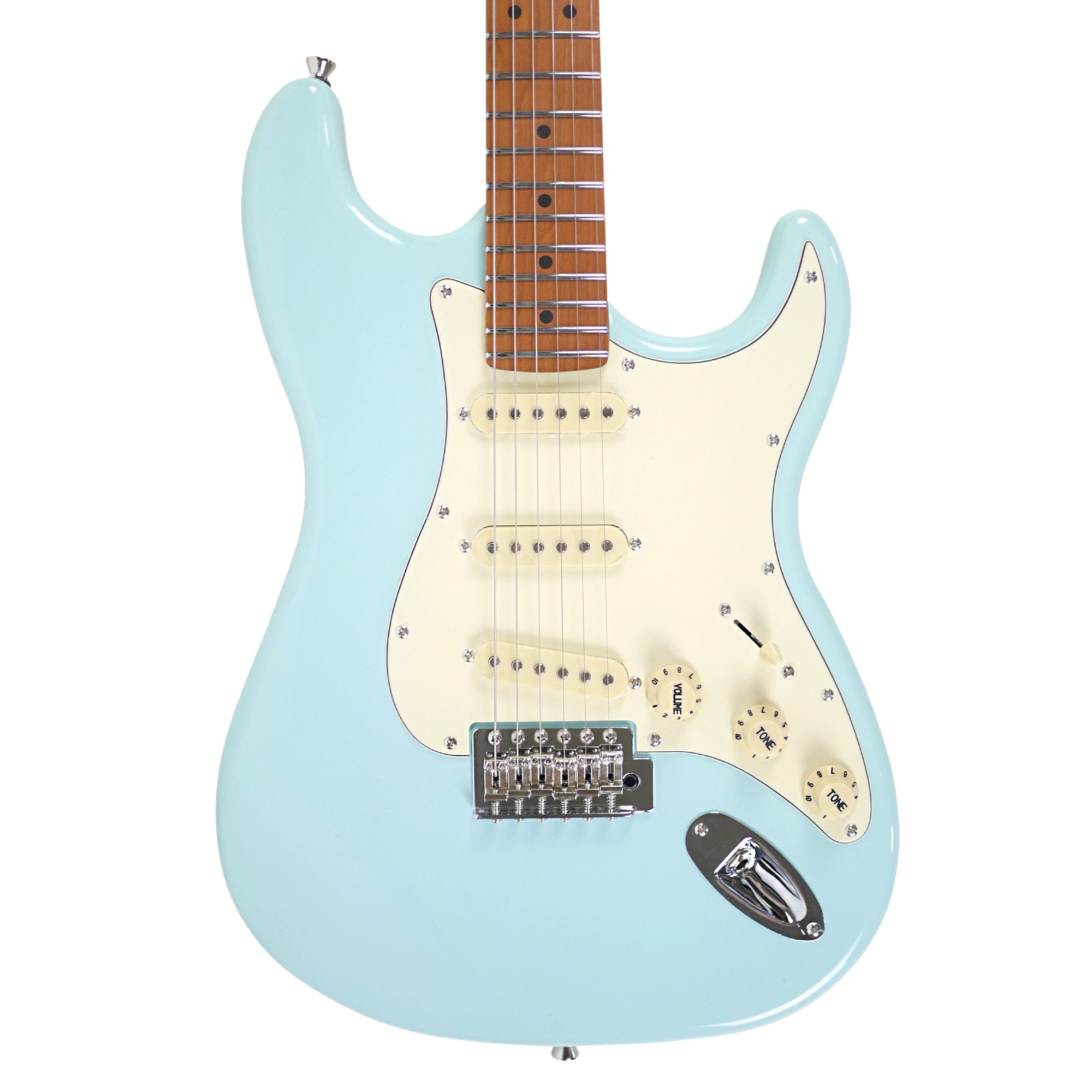 The Sonic Blue basswood body features three SSS ceramic pickups, a tremolo bridge, and control knobs.
