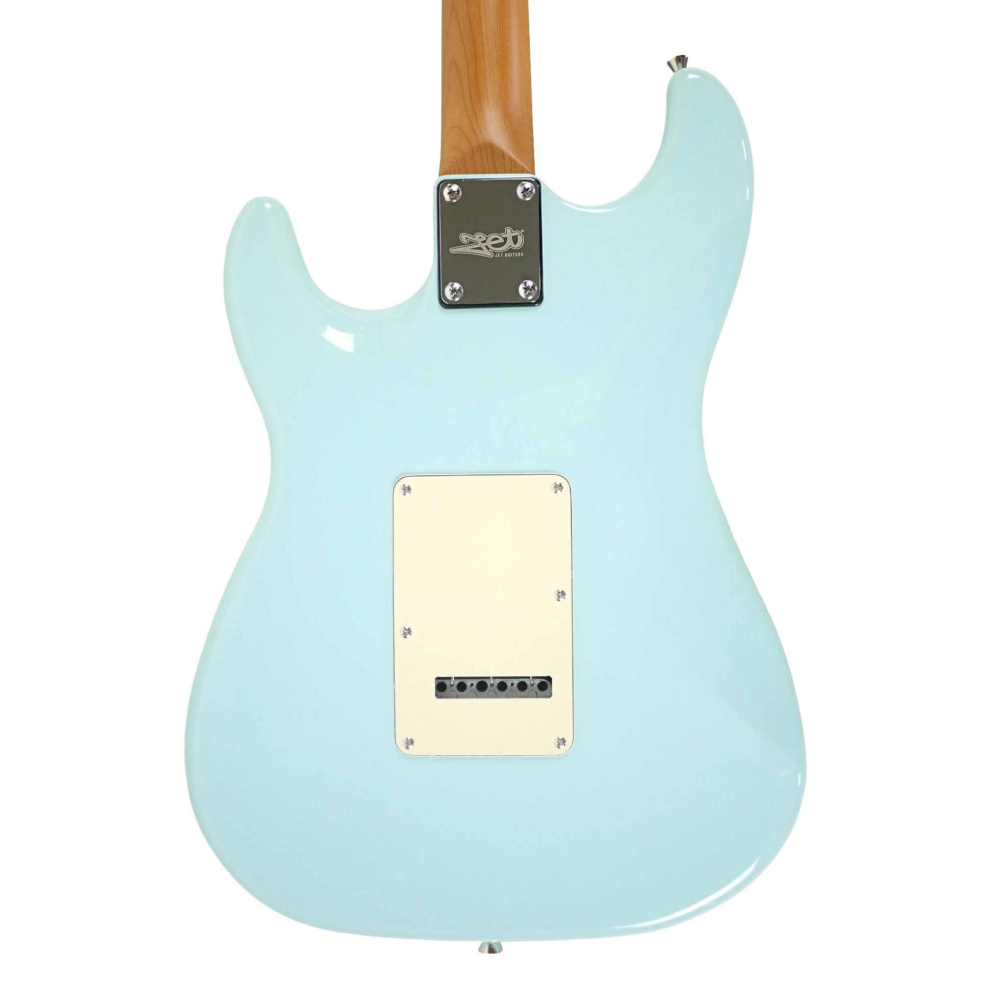 The rear view highlights the glossy Sonic Blue finish, Canadian roasted maple neck, and tremolo backplate.