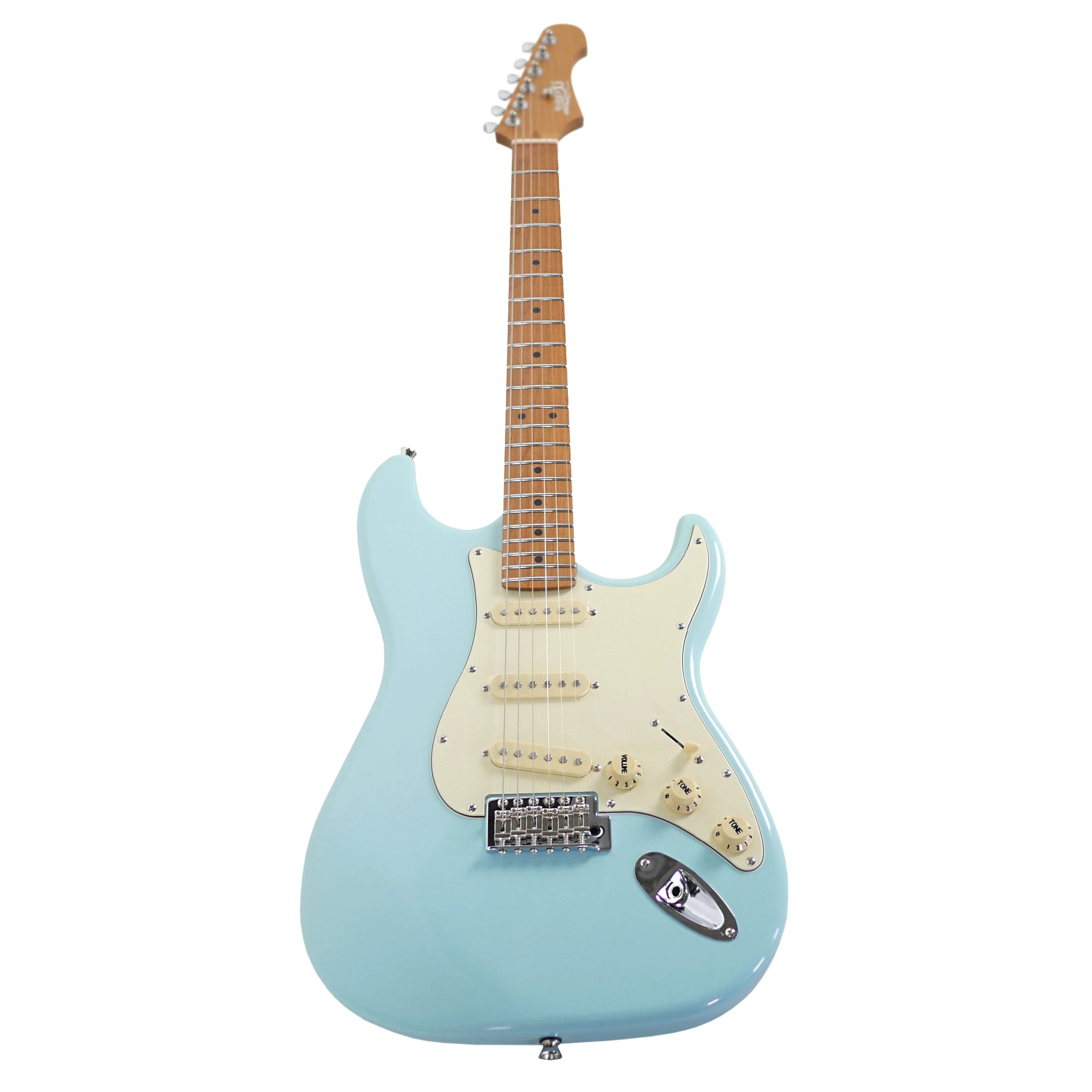 The full front view showcases the JET JS-300 BL Stratocaster electric guitar with its Sonic Blue body and roasted maple fretboard.