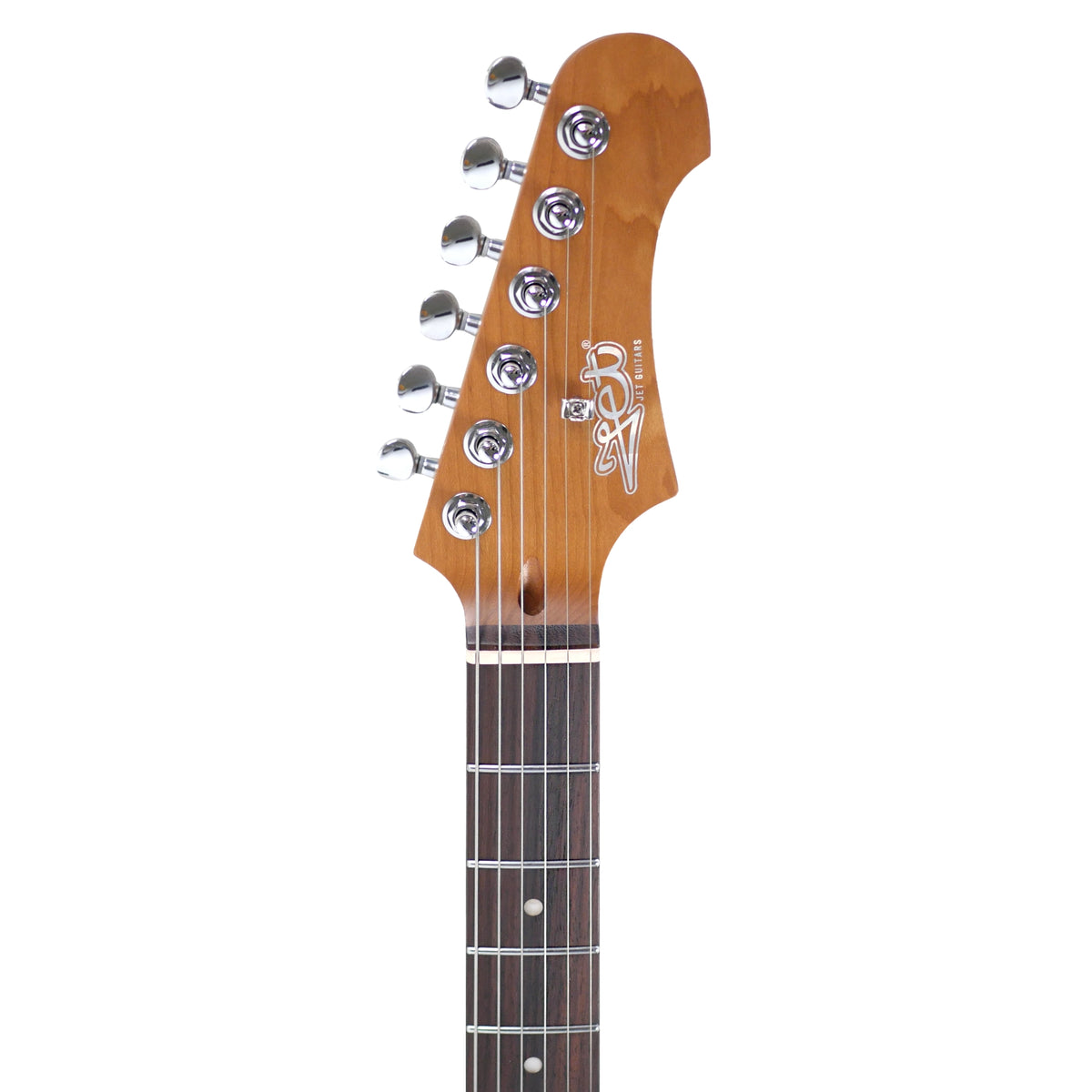 Jet JT-300 PLM R roasted maple headstock, front view with Jet logo and chrome tuners