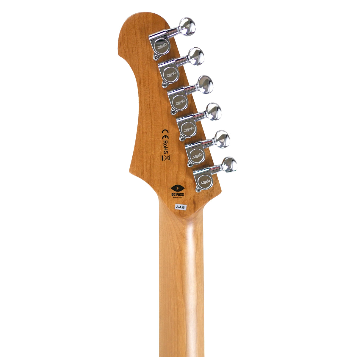 Jet JT-300 PLM R roasted maple headstock, rear view with six-in-line chrome tuners