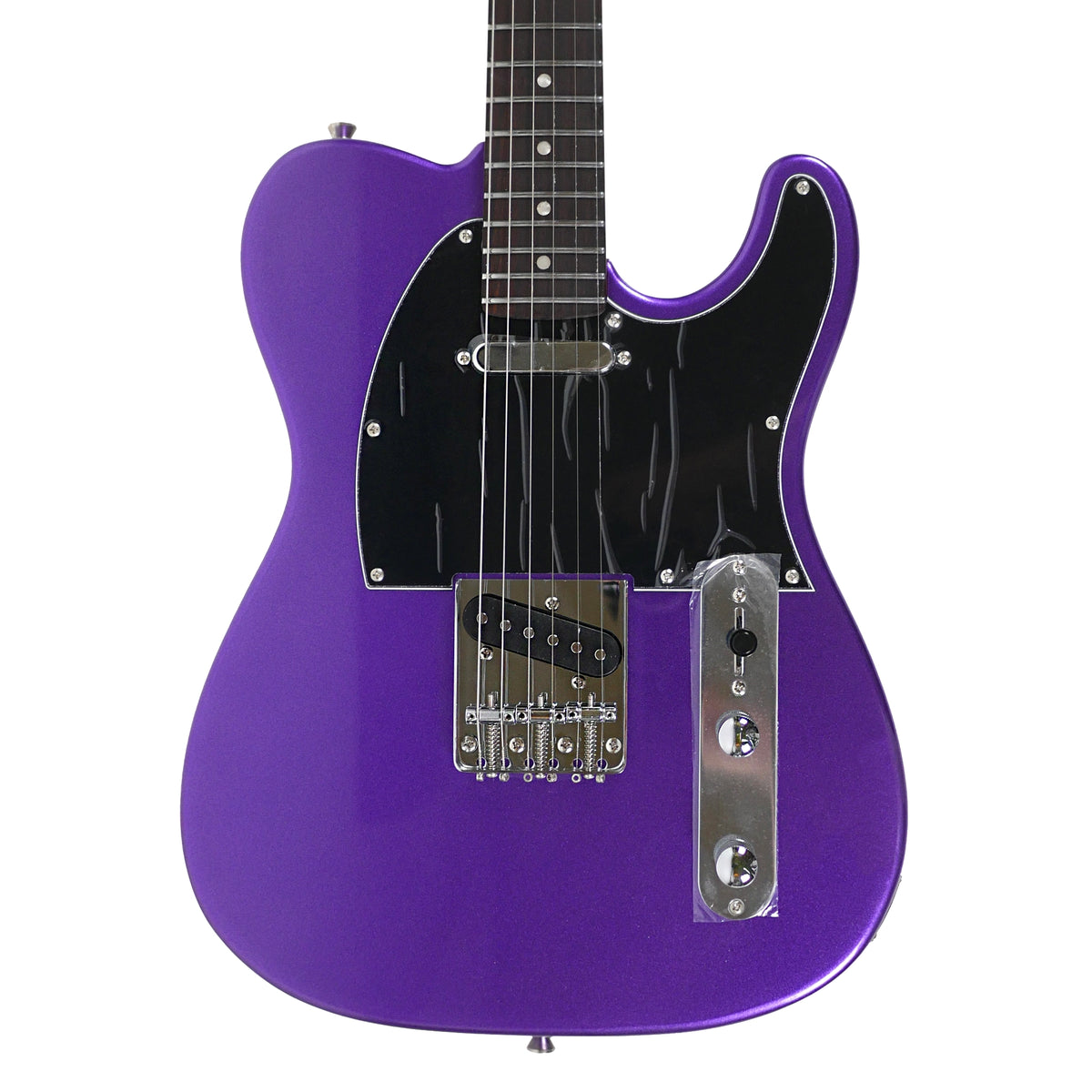 Jet JT-300 PLM R plum metallic Telecaster-style body, front close-up with black pickguard and chrome control plate