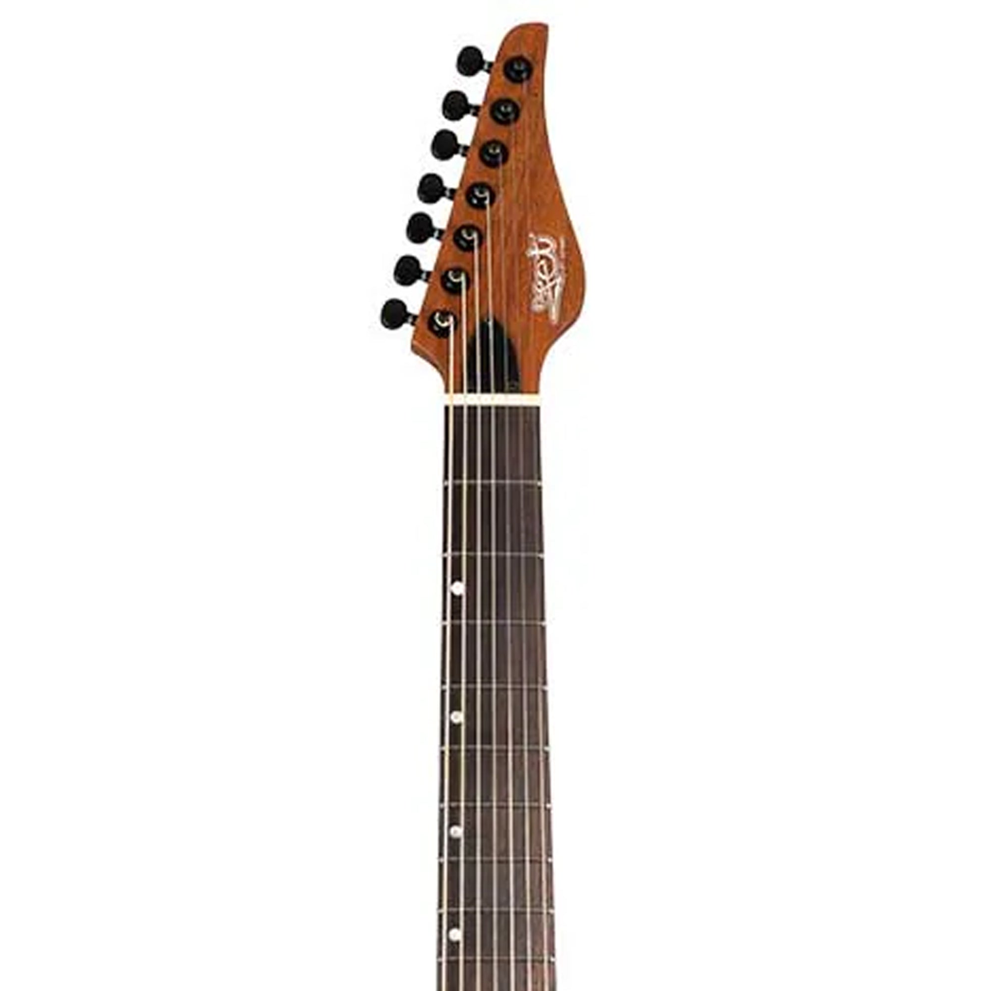 Electric guitar neck with headstock on a white background