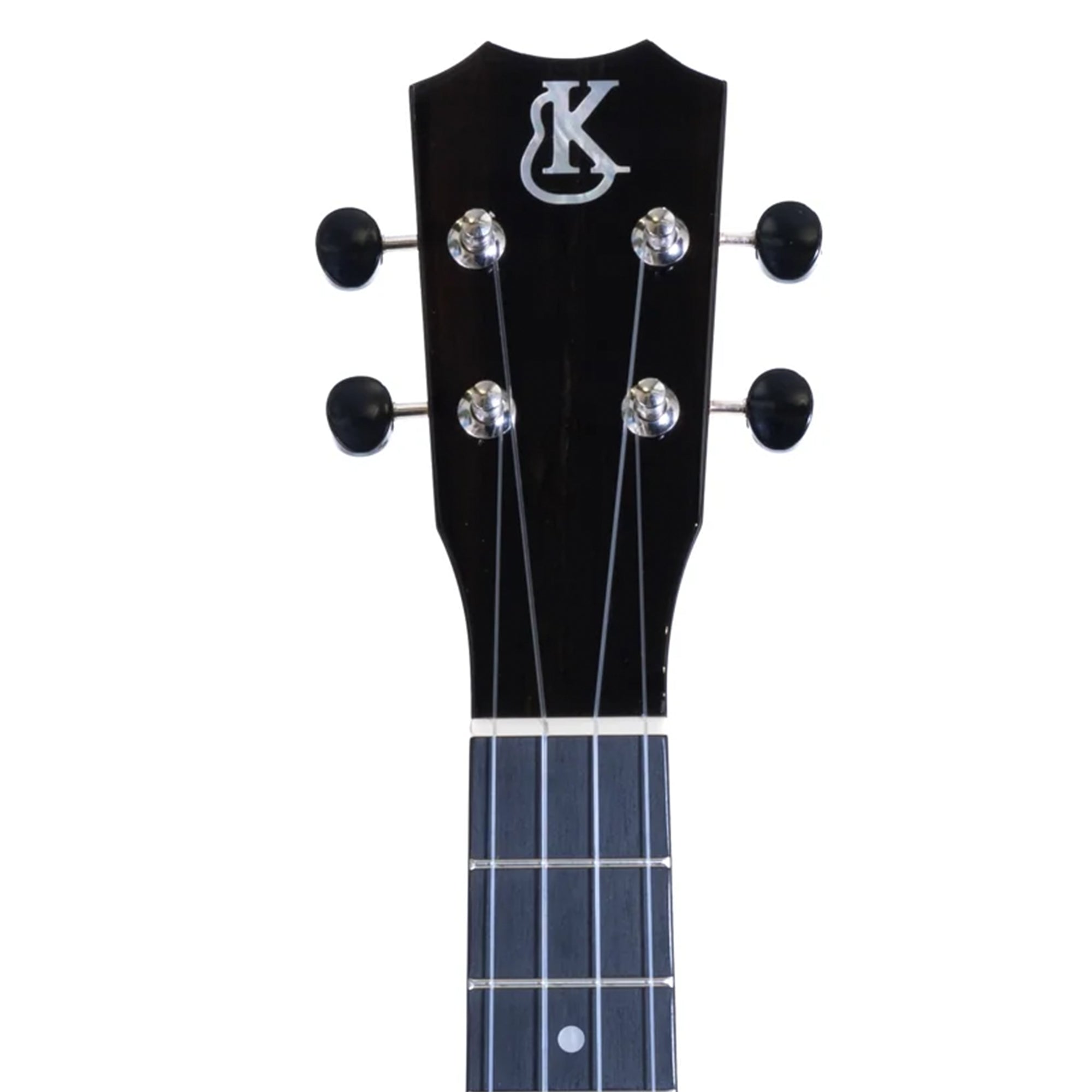 Black ukulele with a brand logo on a white background