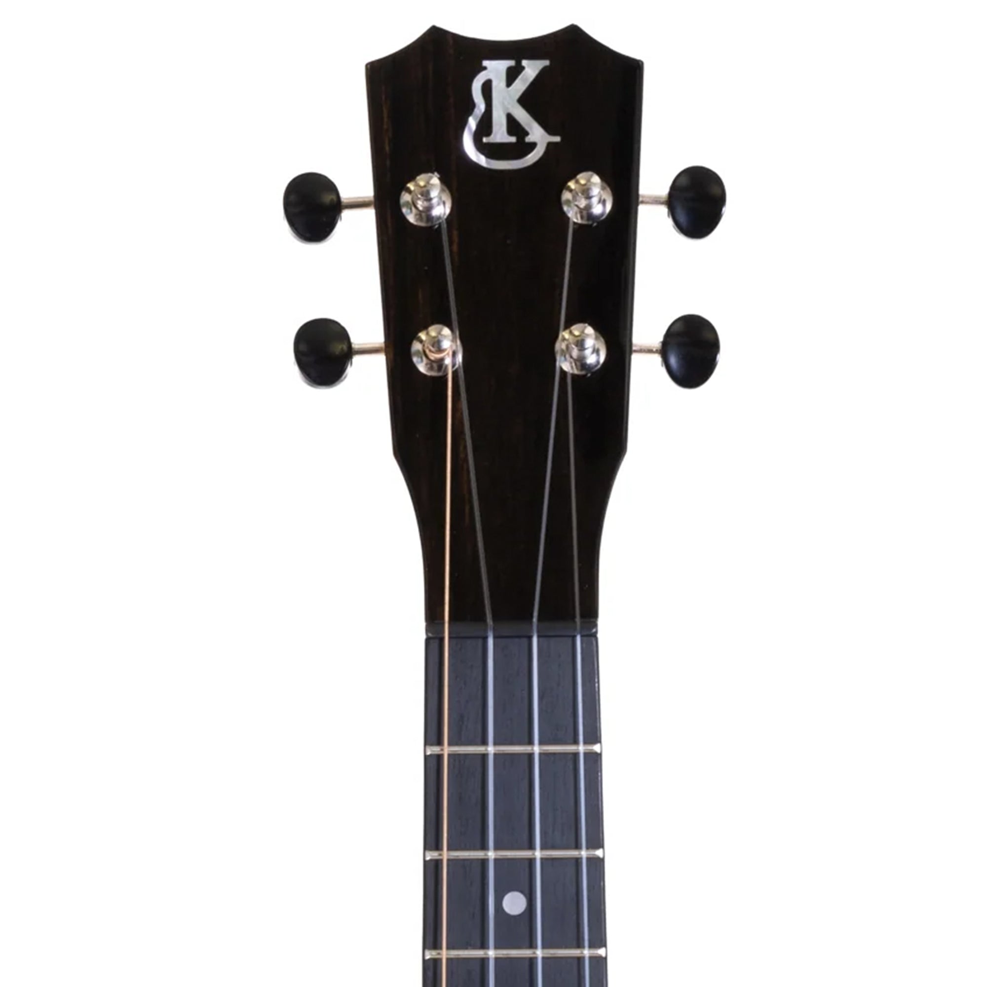 Close-up of a ukulele headstock with a brand logo on a white background
