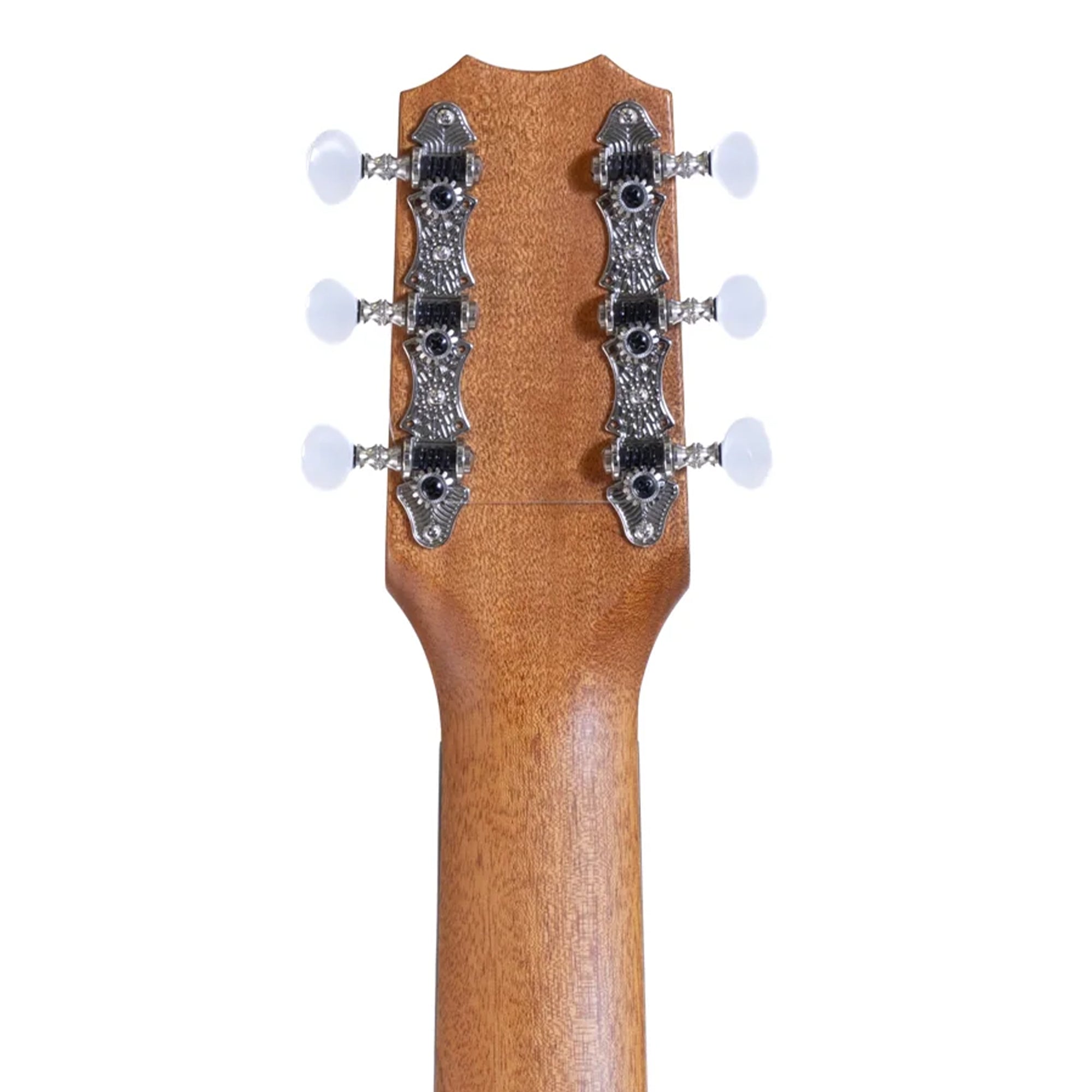 Close-up of a uke headstock with tuning pegs on a white background