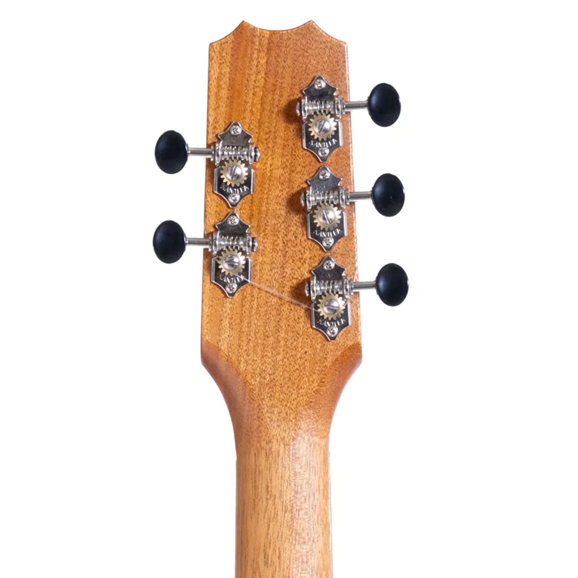 Close-up of a uke headstock with tuning pegs on a white background