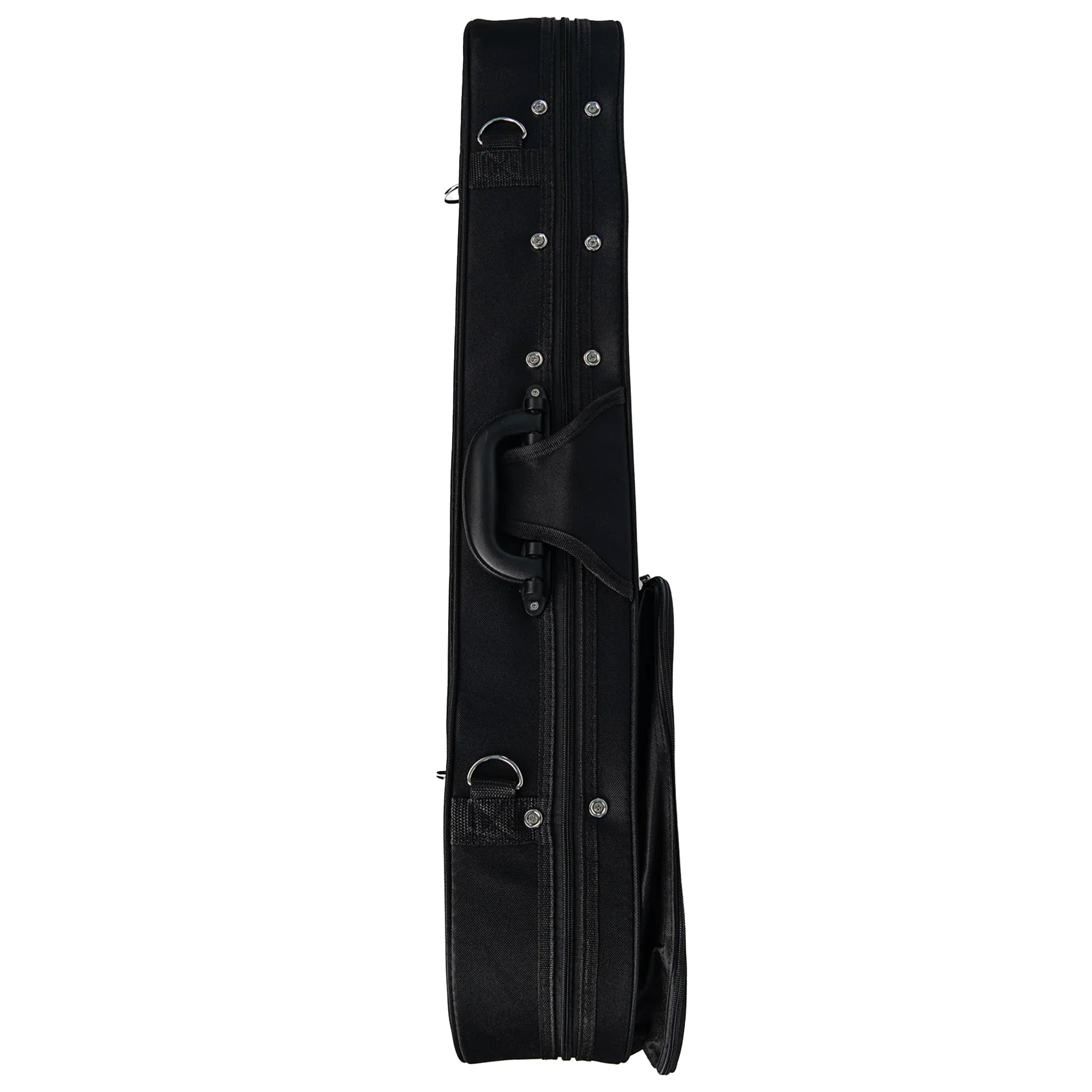 A black padded ukulele case or bag shown upright against a plain white background, with visible metal D-rings and silver rivets.