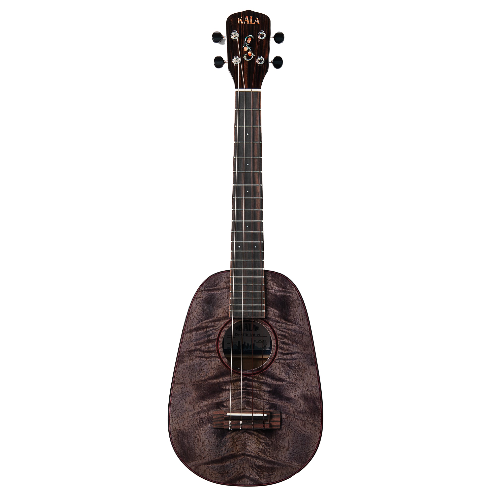 A Kala brand ukulele with a dark, highly figured wood body, dark fretboard, and black tuning pegs, shown against a plain white background.