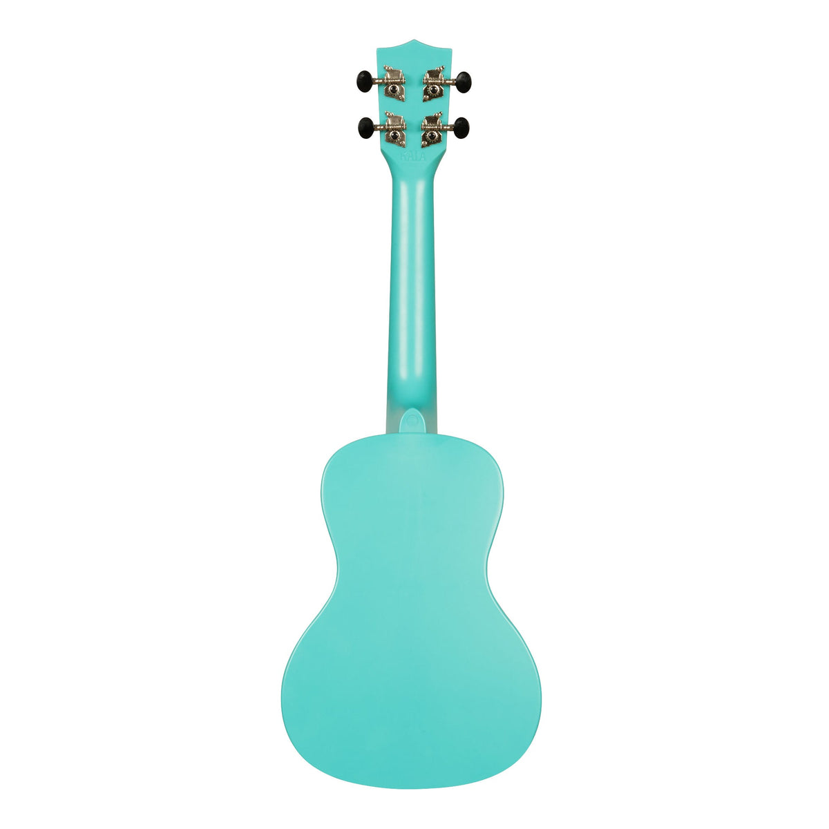 Back of the Kala KA-R-WMG-BL-C Aqua Mist Glow-in-the-Dark concert ukulele, showing the one-piece plastic back and the rear of the tuners