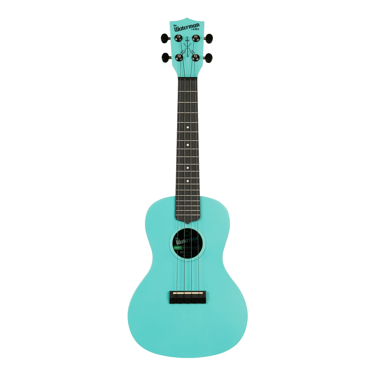 Front of the Kala KA-R-WMG-BL-C concert ukulele in matte aqua mist glow-in-the-dark, with a dark fingerboard and black Aquila B-Black strings