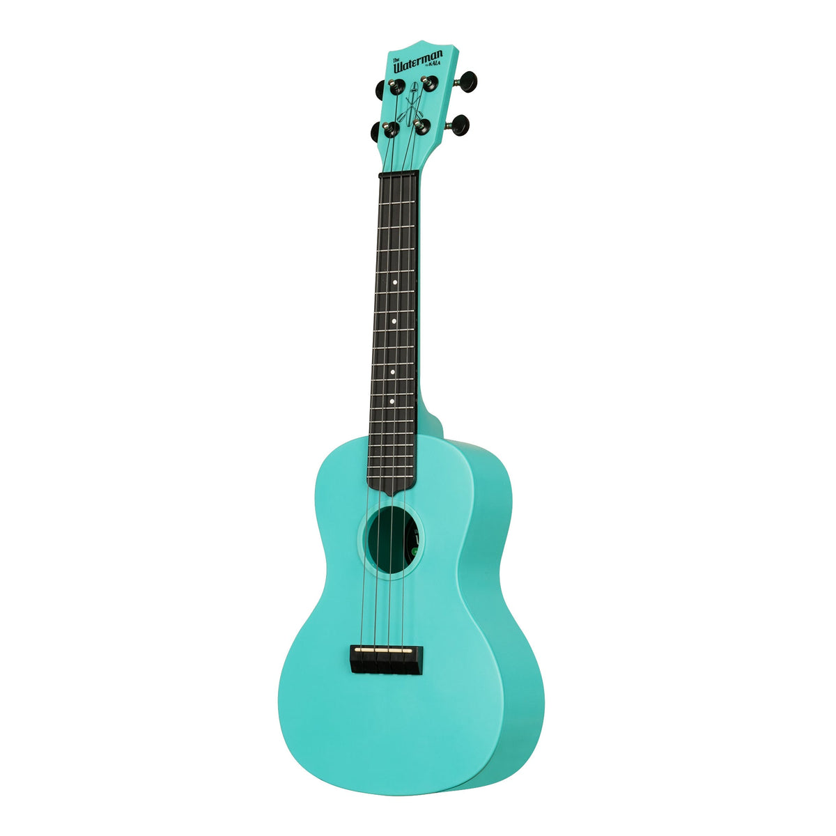 Kala KA-R-WMG-BL-C Aqua Mist Glow-in-the-Dark concert ukulele angled to the left, showing the soundhole, bridge and fingerboard