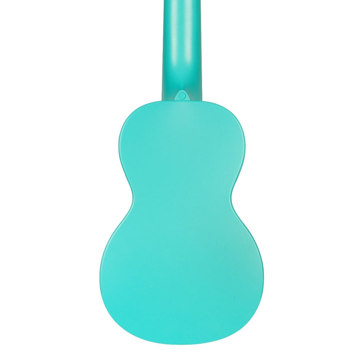 Kala KA-R-WMG-BL-S Aqua Mist Glow-in-the-Dark soprano ukulele body, back view showing the one-piece plastic back and the heel of the neck on a white background