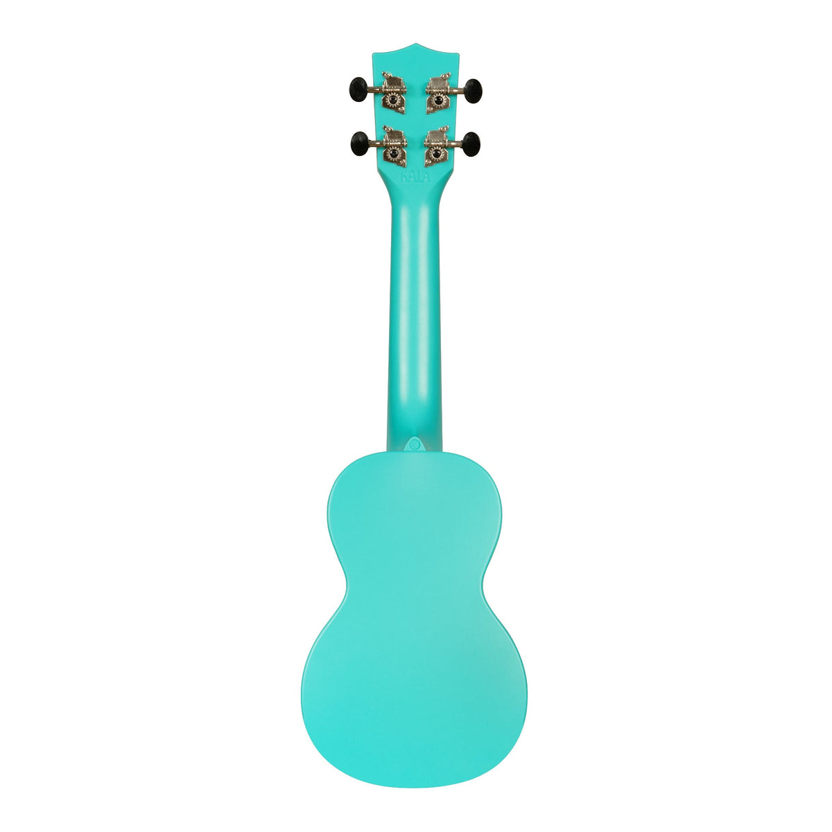Back of the Kala KA-R-WMG-BL-S Aqua Mist Glow-in-the-Dark soprano ukulele, showing the one-piece plastic back and the rear of the tuners