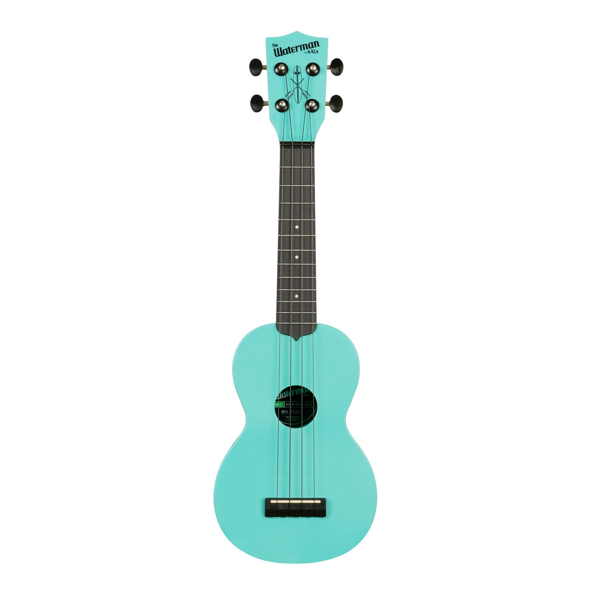 Front of the Kala KA-R-WMG-BL-S soprano ukulele in matte aqua mist glow-in-the-dark, with a dark fingerboard and black Aquila B-Black strings