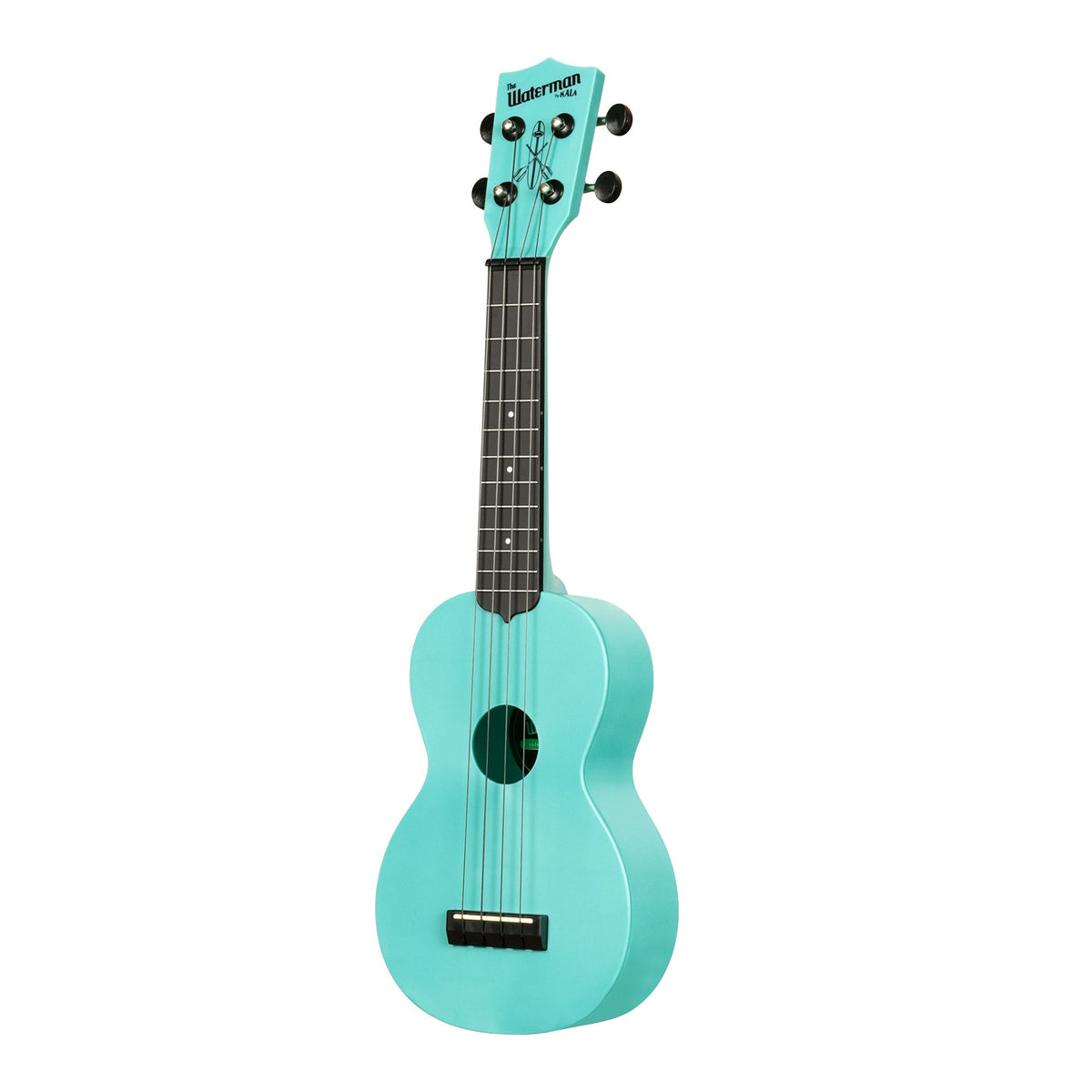 Kala KA-R-WMG-BL-S Aqua Mist Glow-in-the-Dark soprano ukulele angled to the left, showing the soundhole, bridge and fingerboard