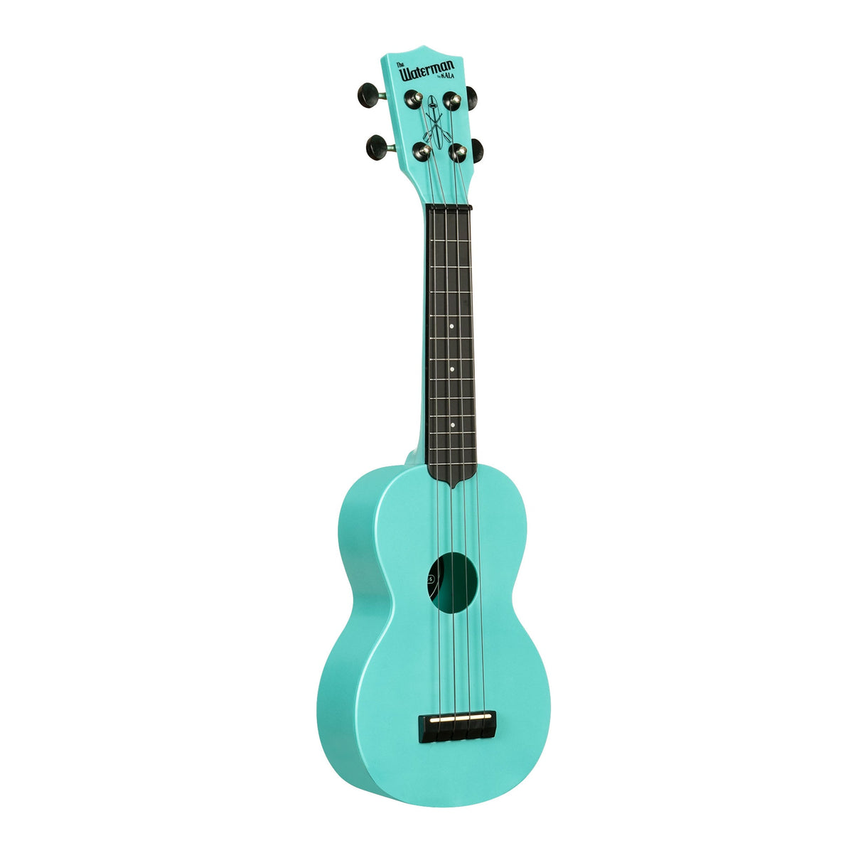 Kala KA-R-WMG-BL-S Aqua Mist Glow-in-the-Dark soprano ukulele angled to the right, showing the body edge and Waterman logo headstock