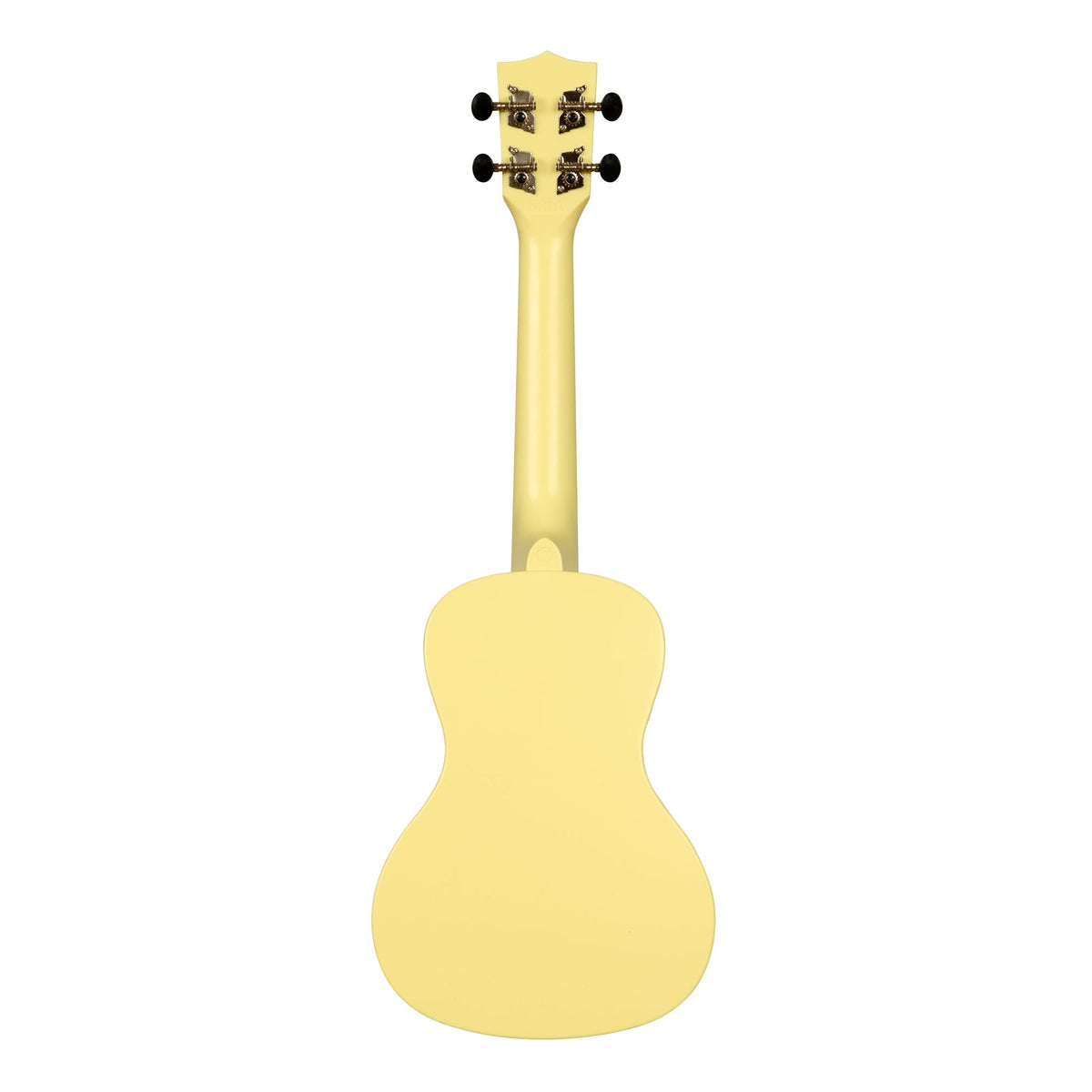 Back of the Kala KA-R-WMG-YL-C Starlight Yellow Glow-in-the-Dark concert ukulele, showing the one-piece plastic back and the rear of the tuners