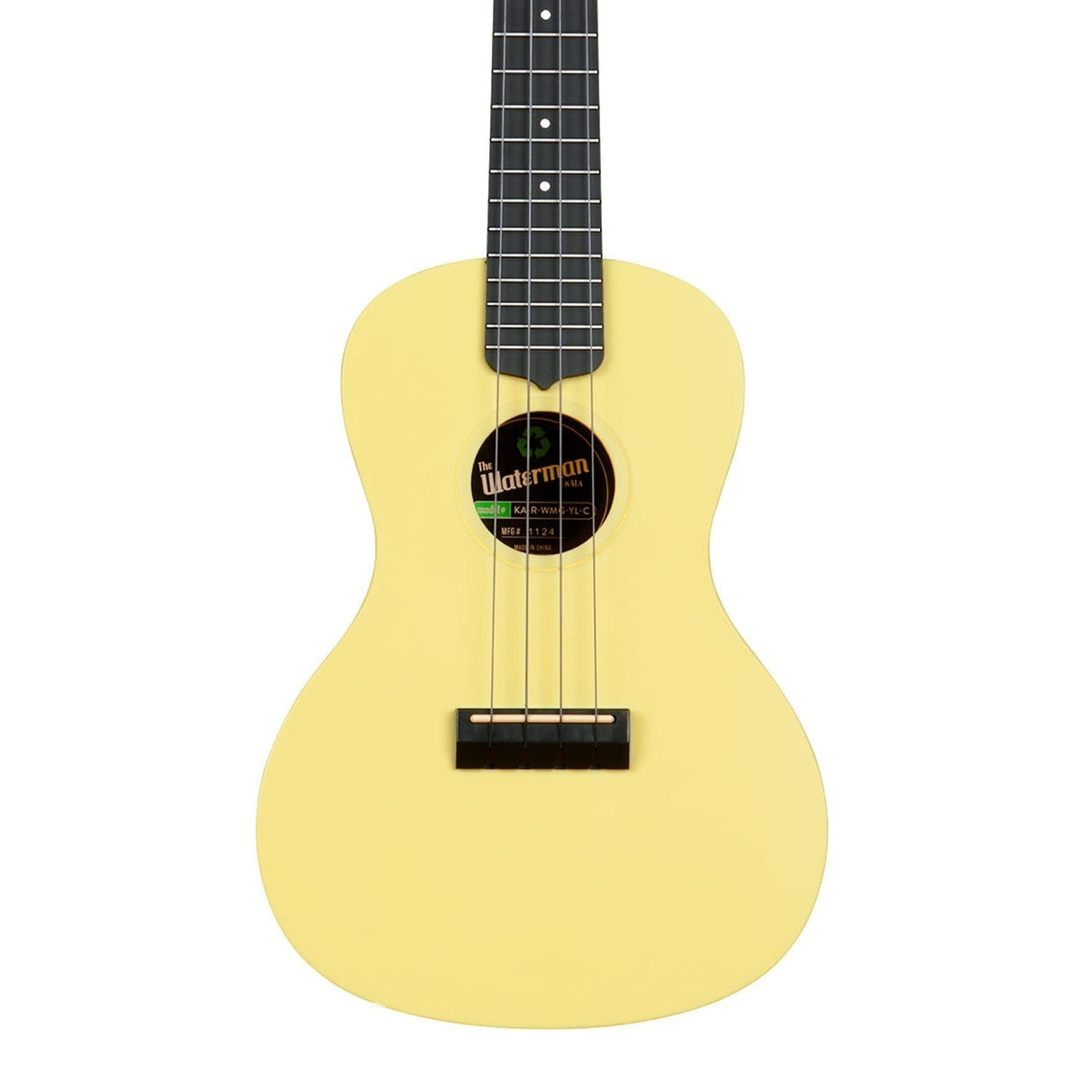 Kala KA-R-WMG-YL-C Starlight Yellow Glow-in-the-Dark concert ukulele body, front view showing the soundhole, bridge and lower fingerboard on a white background