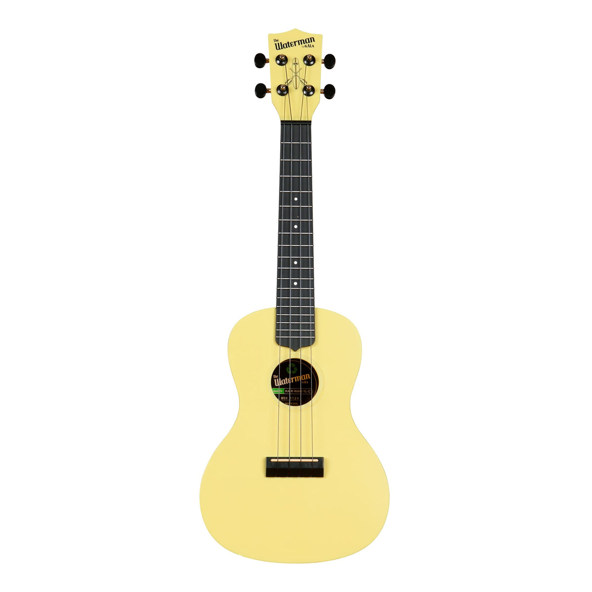 Front of the Kala KA-R-WMG-YL-C concert ukulele in matte starlight yellow glow-in-the-dark, with a dark fingerboard and black Aquila B-Black strings