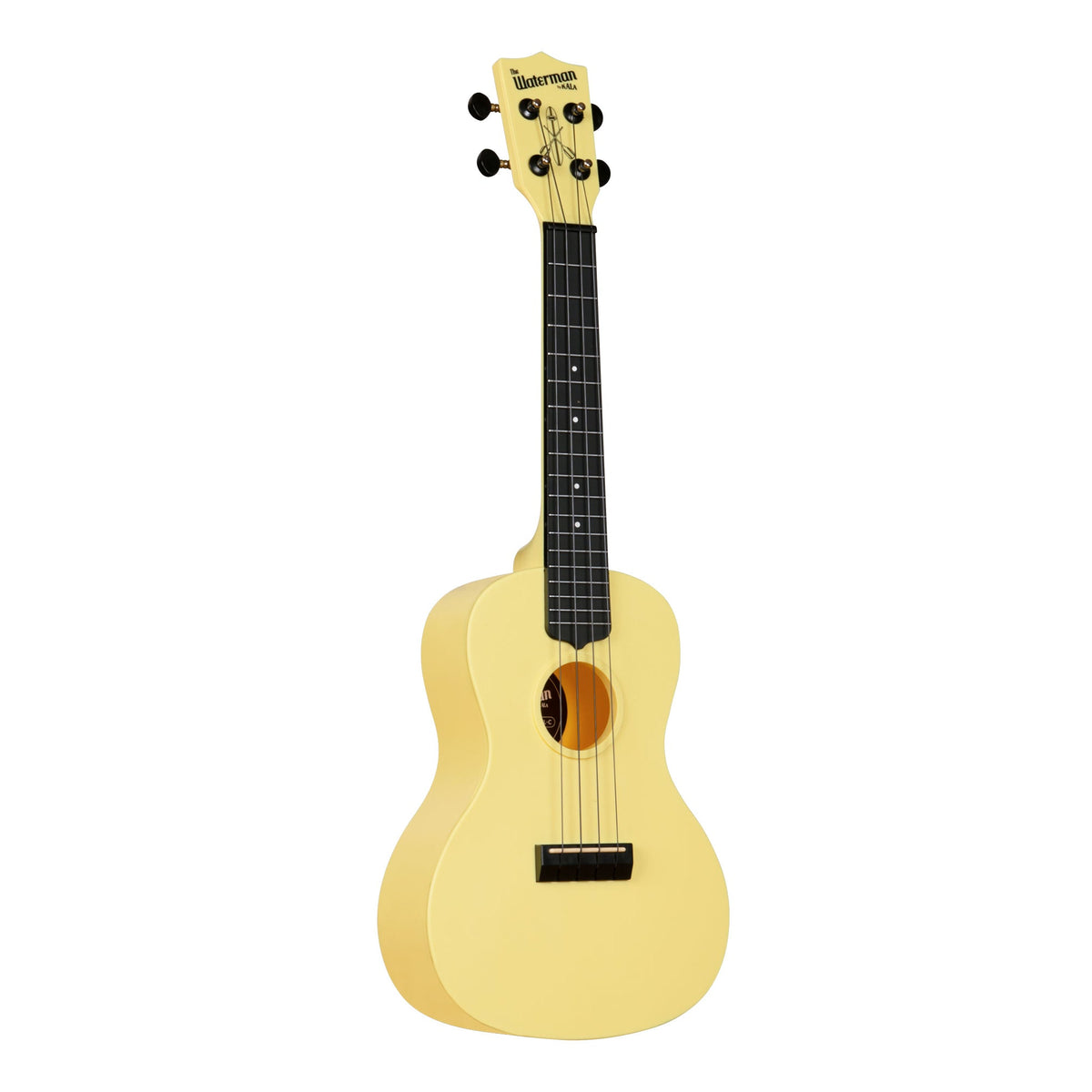 Kala KA-R-WMG-YL-C Starlight Yellow Glow-in-the-Dark concert ukulele angled to the right, showing the body edge and Waterman logo headstock