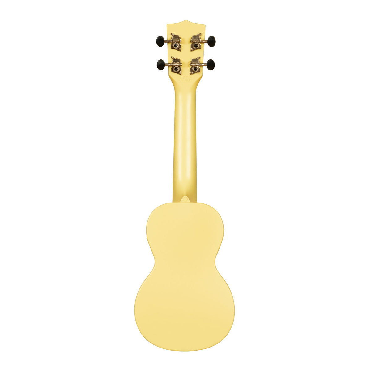 Back of the Kala KA-R-WMG-YL-S Starlight Yellow Glow-in-the-Dark soprano ukulele, showing the one-piece plastic back and the rear of the tuners