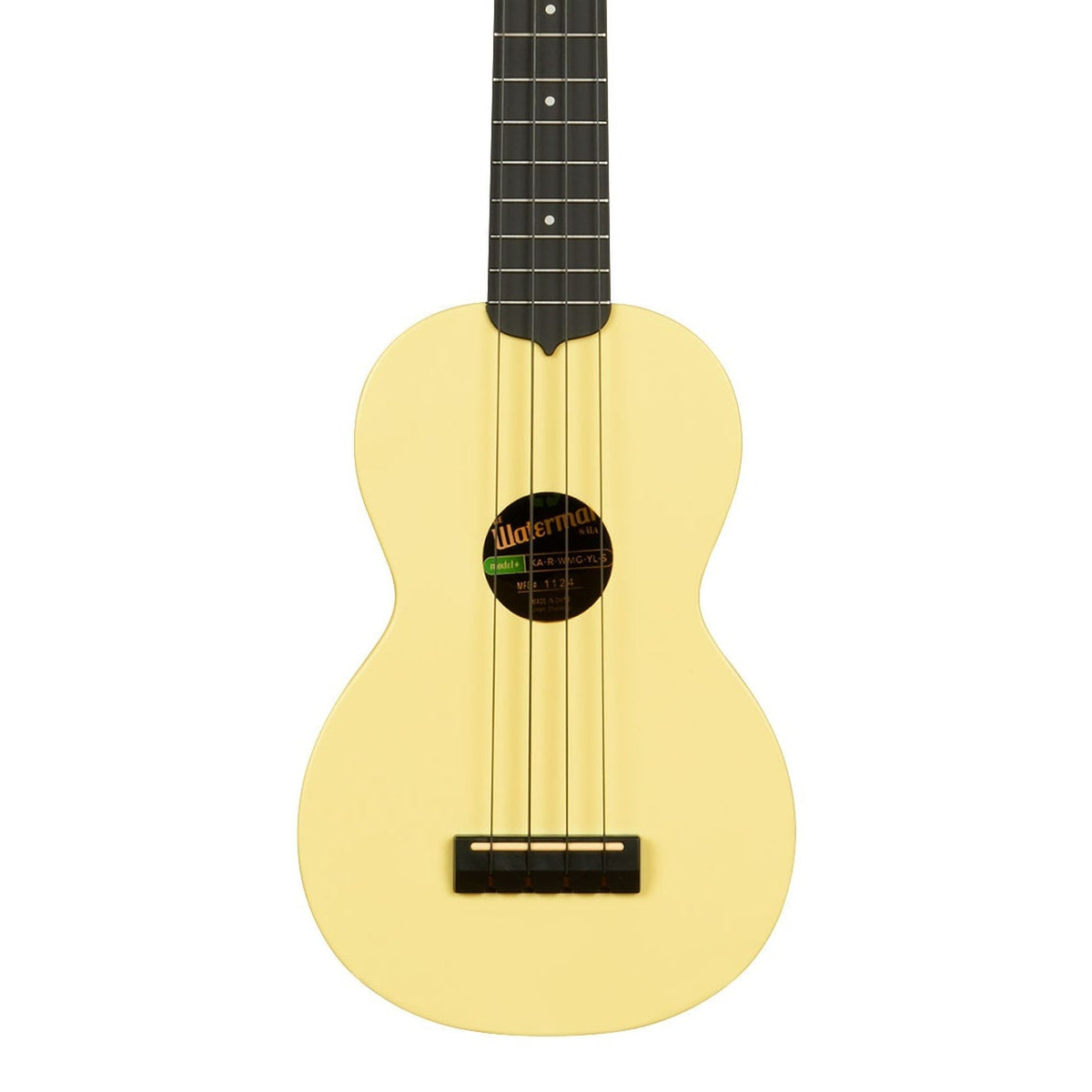 Kala KA-R-WMG-YL-S Starlight Yellow Glow-in-the-Dark soprano ukulele body, front view showing the soundhole, bridge and lower fingerboard on a white background