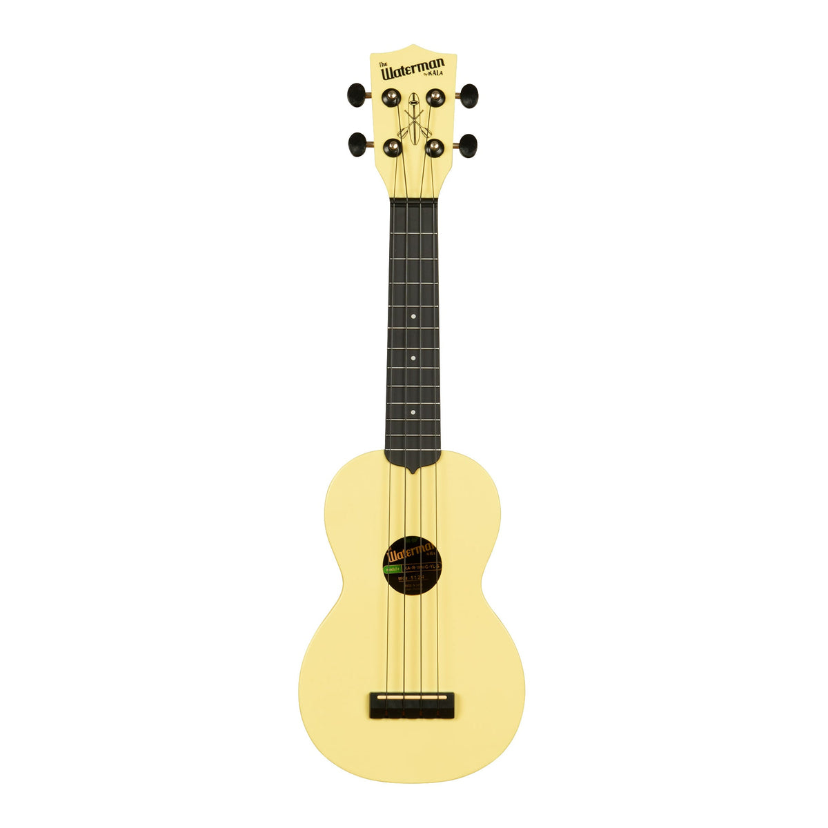 Front of the Kala KA-R-WMG-YL-S soprano ukulele in matte starlight yellow glow-in-the-dark, with a dark fingerboard and black Aquila B-Black strings