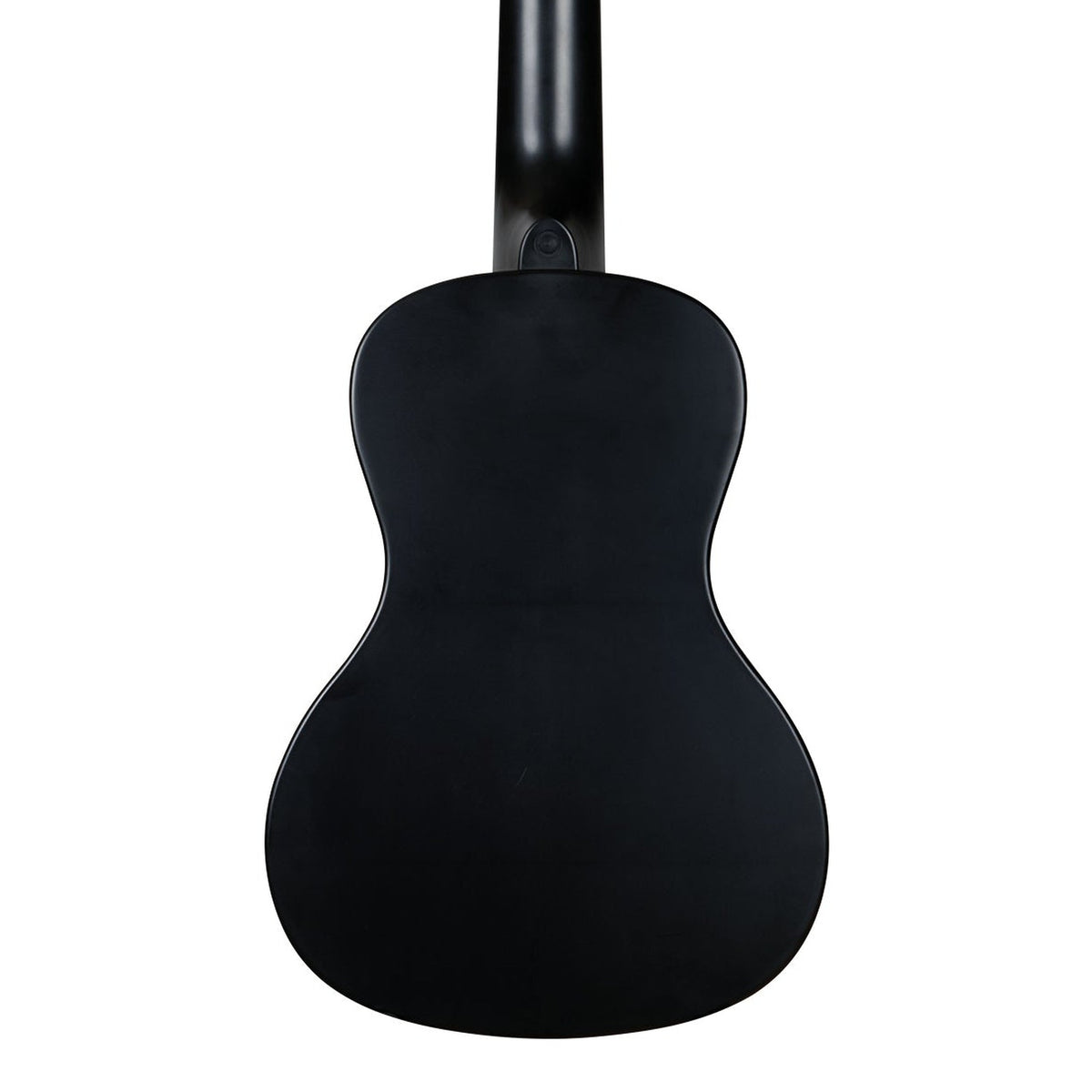Kala KA-R-WMS-BK-C Black Sand concert ukulele body, back view showing the one-piece plastic back and the heel of the neck on a white background