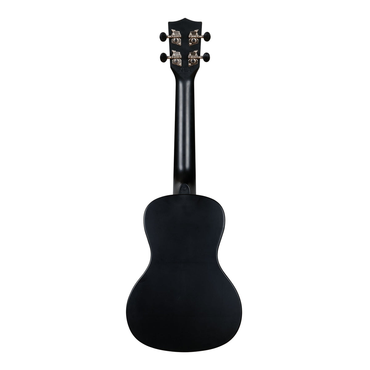 Back of the Kala KA-R-WMS-BK-C Black Sand concert ukulele, showing the one-piece plastic back and the rear of the tuners
