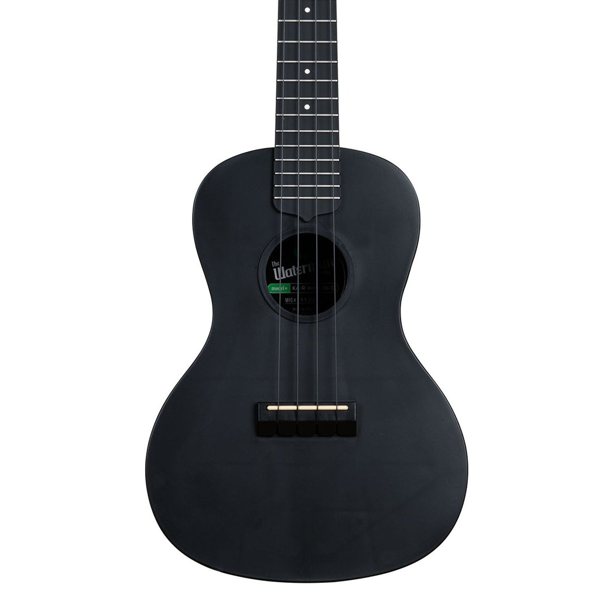 Kala KA-R-WMS-BK-C Black Sand concert ukulele body, front view showing the soundhole, bridge and lower fingerboard on a white background