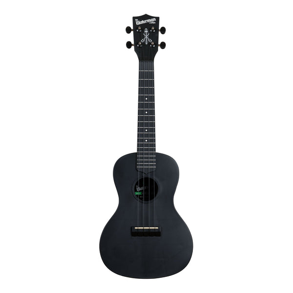 Front of the Kala KA-R-WMS-BK-C concert ukulele in matte black sand, with a dark fingerboard and black Aquila B-Black strings