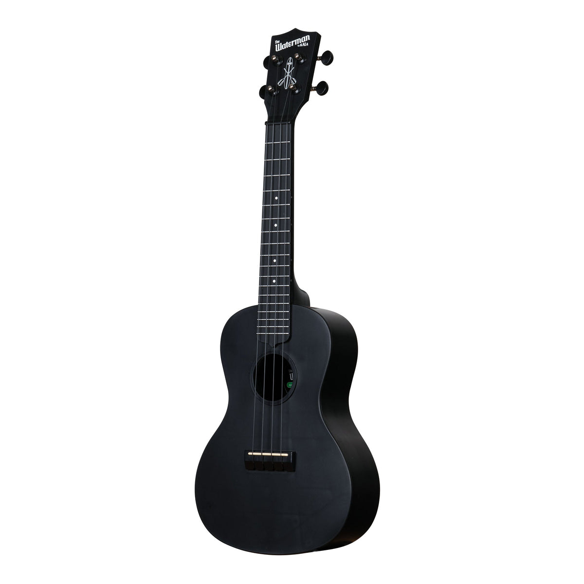 Kala KA-R-WMS-BK-C Black Sand concert ukulele angled to the left, showing the soundhole, bridge and fingerboard