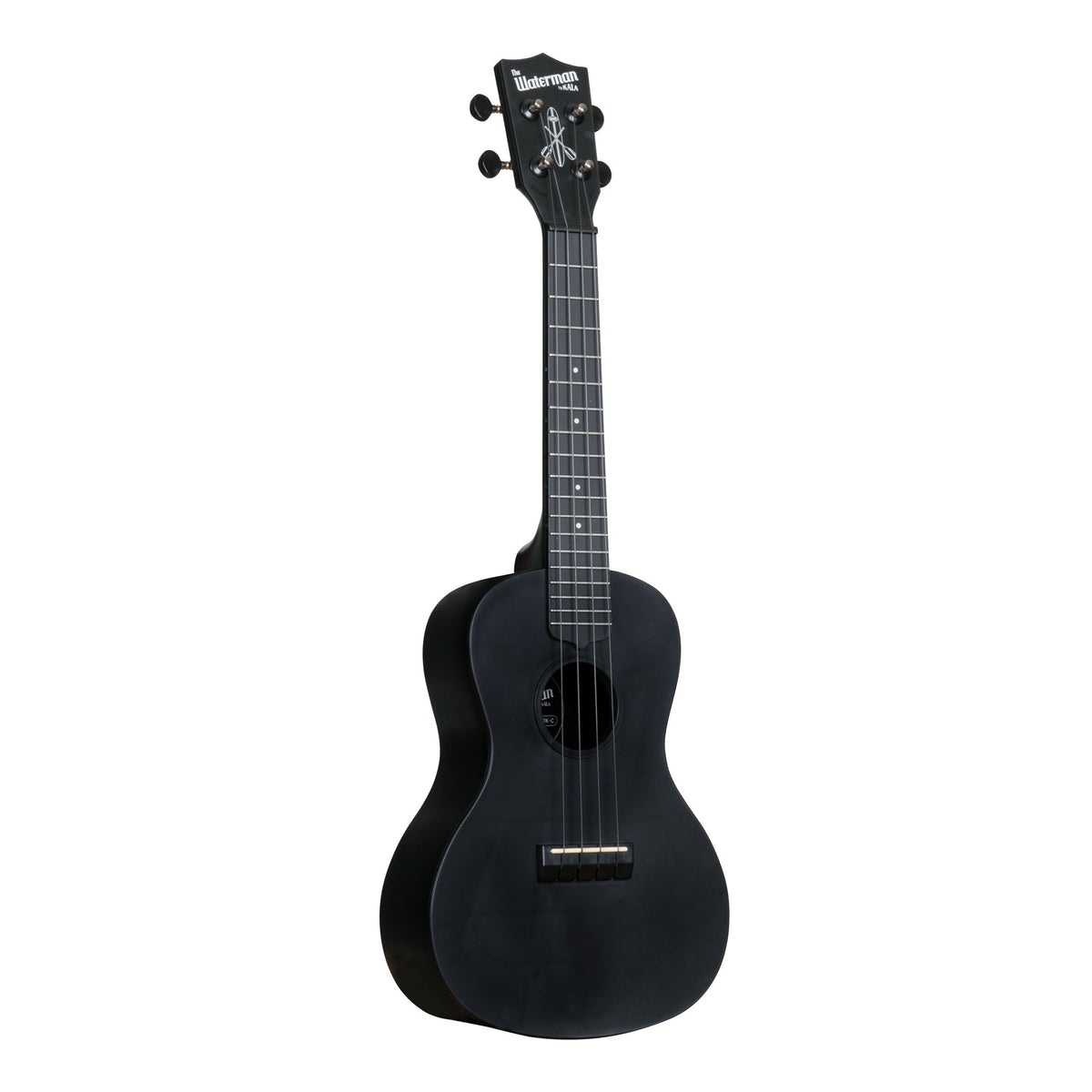 Kala KA-R-WMS-BK-C Black Sand concert ukulele angled to the right, showing the body edge and Waterman logo headstock