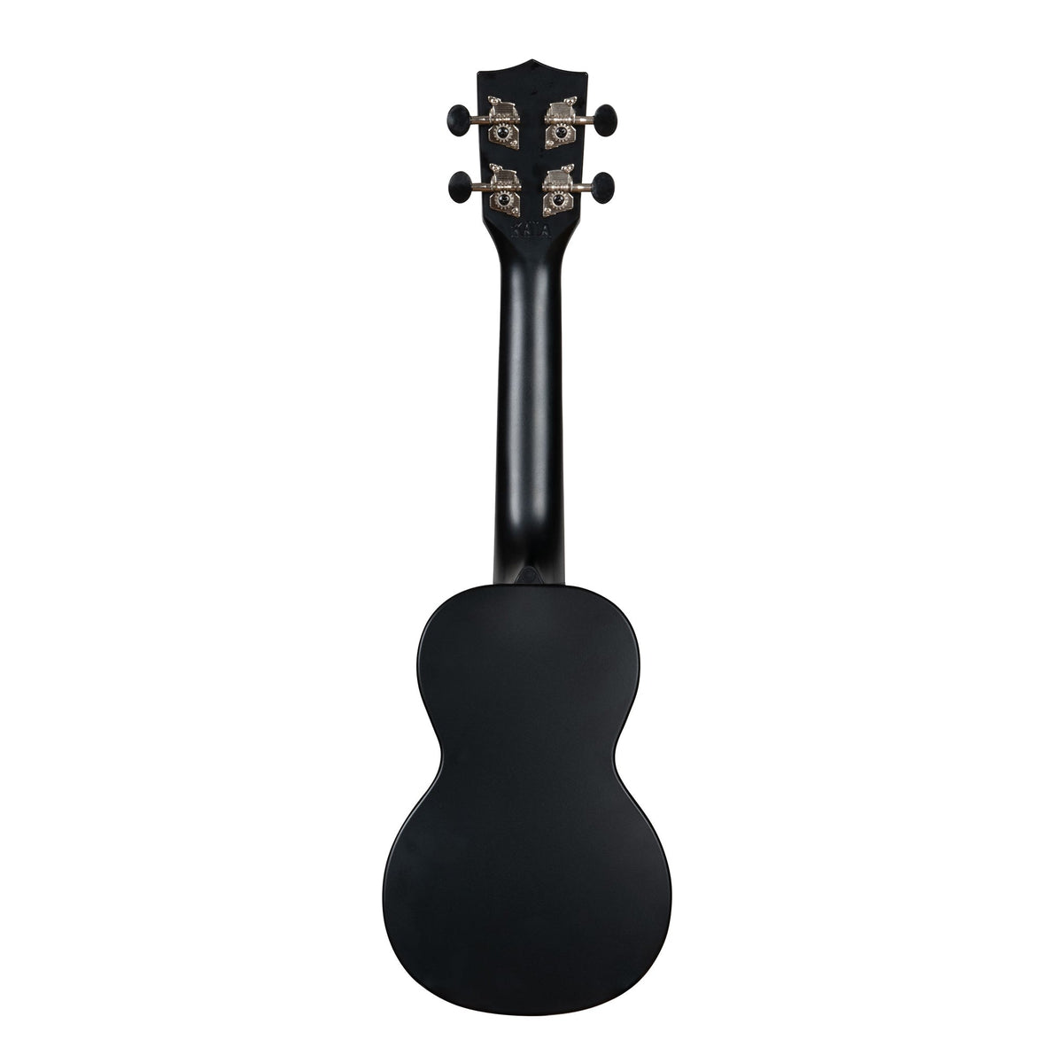 Back of the Kala KA-R-WMS-BK-S Black Sand soprano ukulele, showing the one-piece plastic back and the rear of the tuners