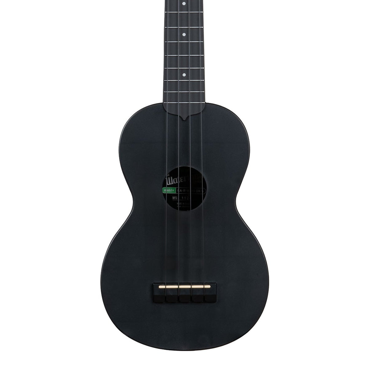 Kala KA-R-WMS-BK-S Black Sand soprano ukulele body, front view showing the soundhole, bridge and lower fingerboard on a white background