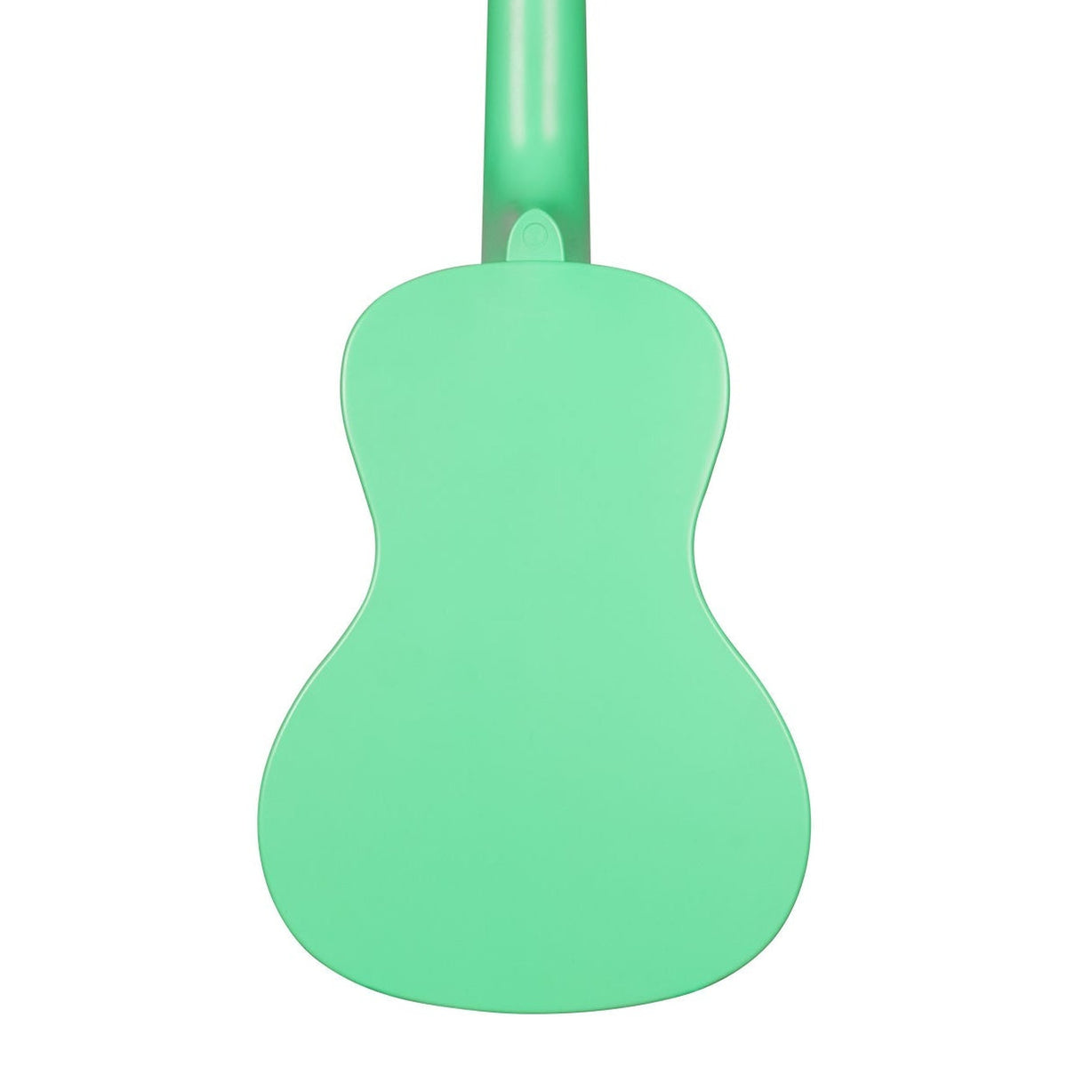 Kala KA-R-WMS-GN-C Sea Foam Green concert ukulele body, back view showing the one-piece plastic back and the heel of the neck on a white background