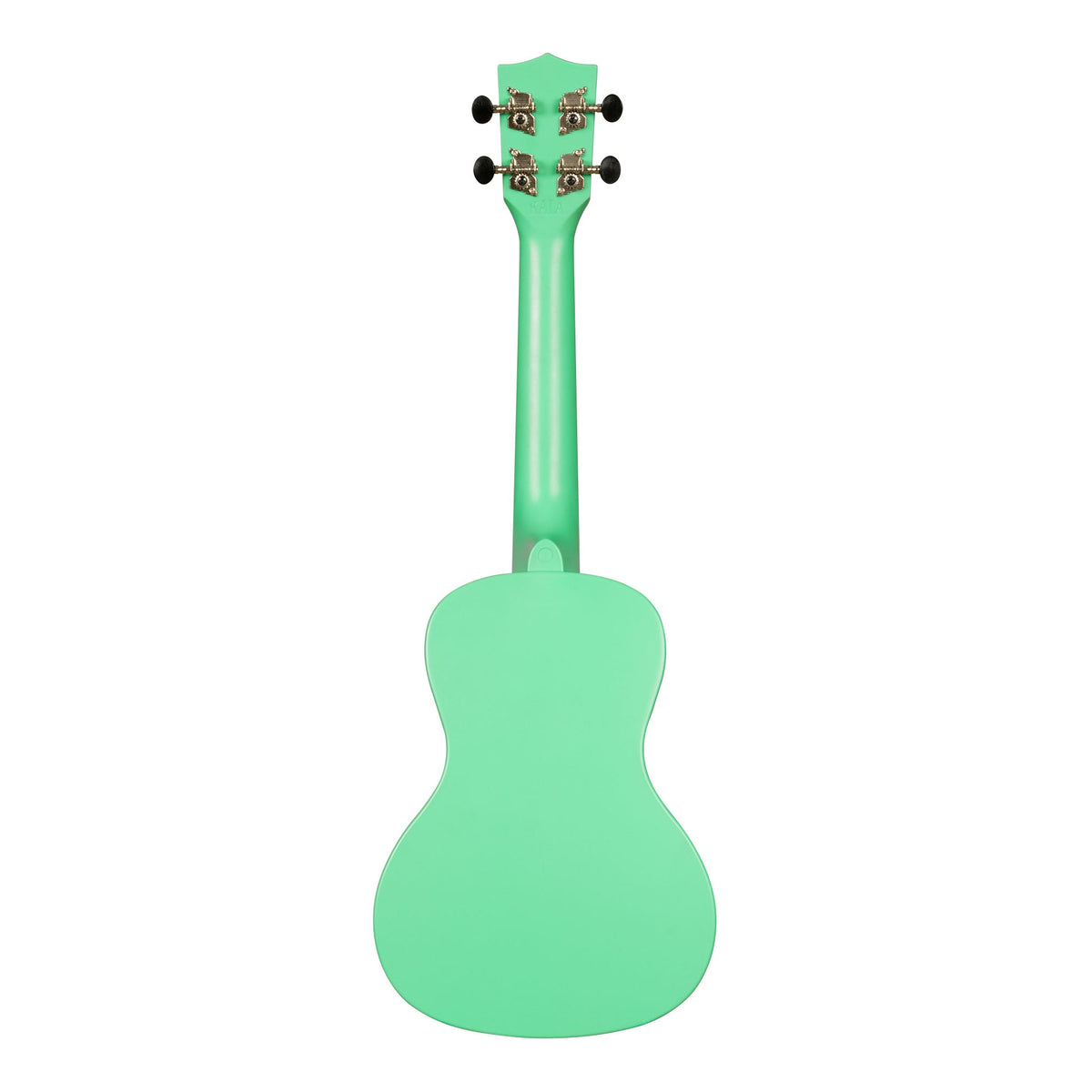 Back of the Kala KA-R-WMS-GN-C Sea Foam Green concert ukulele, showing the one-piece plastic back and the rear of the tuners