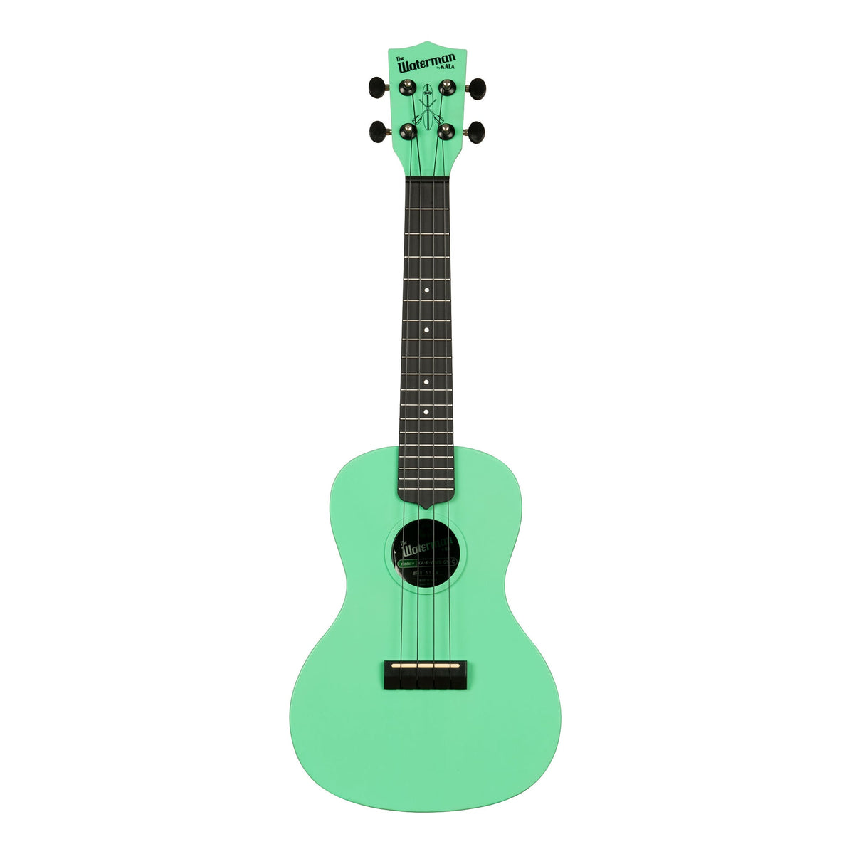Front of the Kala KA-R-WMS-GN-C concert ukulele in matte sea foam green, with a dark fingerboard and black Aquila B-Black strings