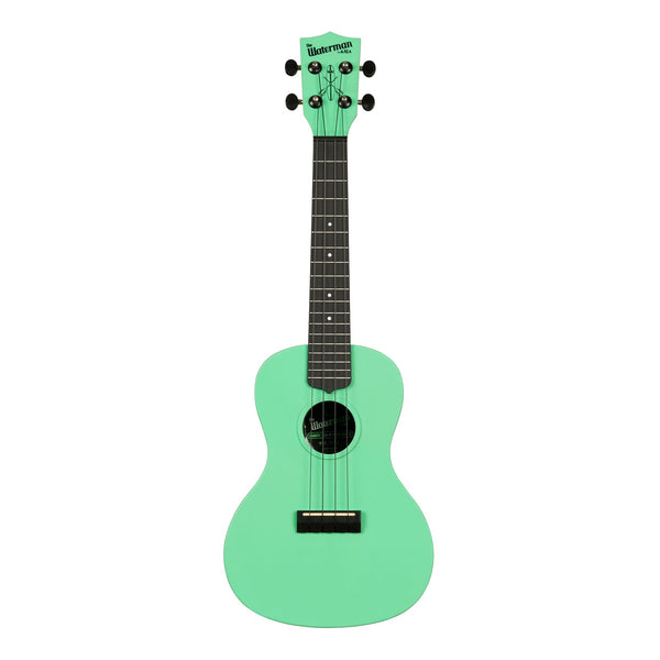 Front of the Kala KA-R-WMS-GN-C concert ukulele in matte sea foam green, with a dark fingerboard and black Aquila B-Black strings