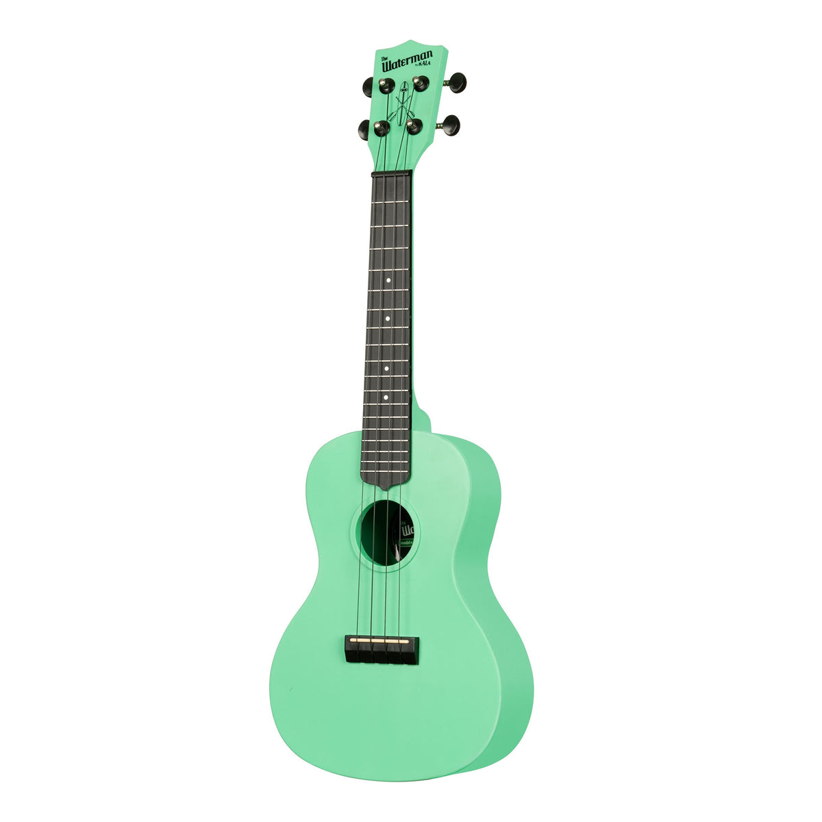 Kala KA-R-WMS-GN-C Sea Foam Green concert ukulele angled to the left, showing the soundhole, bridge and fingerboard
