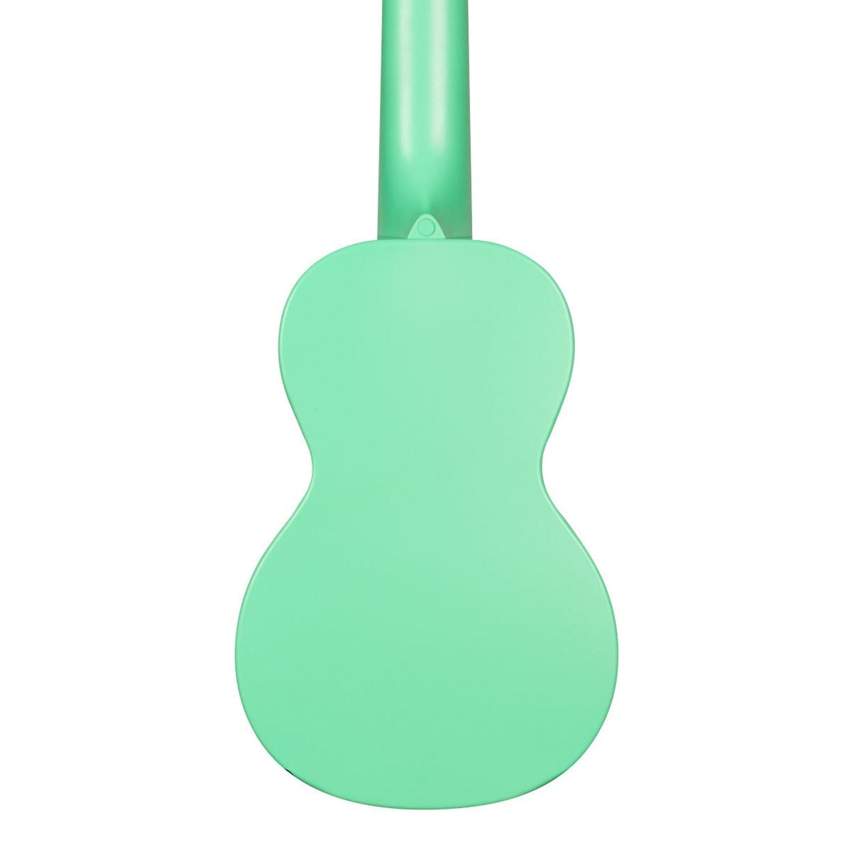 Kala KA-R-WMS-GN-S Sea Foam Green soprano ukulele body, back view showing the one-piece plastic back and the heel of the neck on a white background
