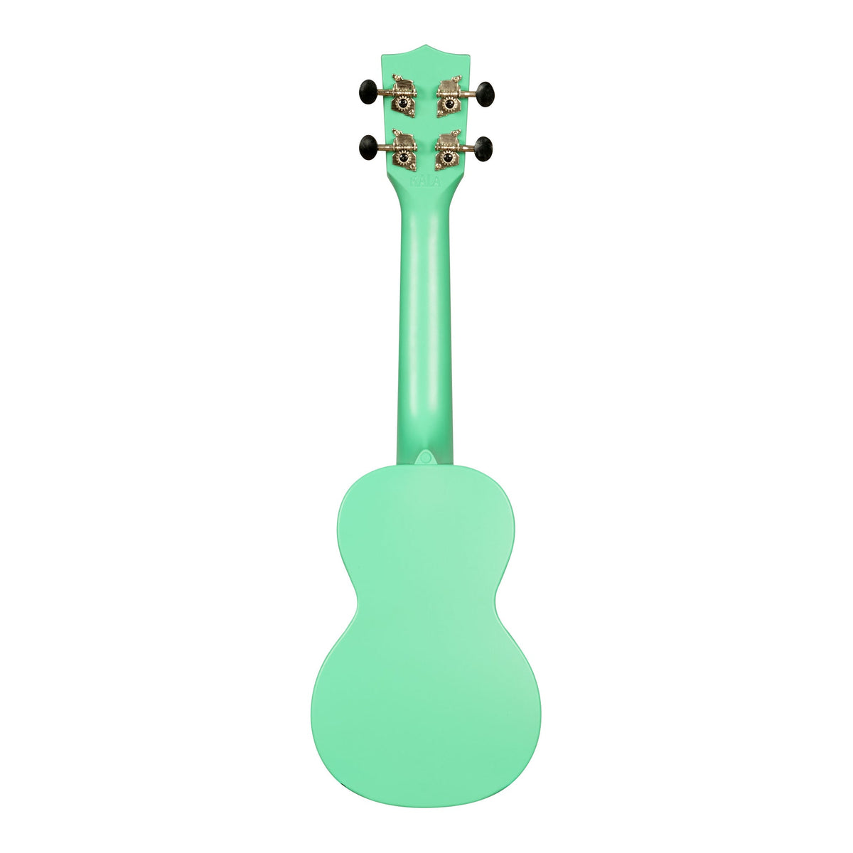 Back of the Kala KA-R-WMS-GN-S Sea Foam Green soprano ukulele, showing the one-piece plastic back and the rear of the tuners