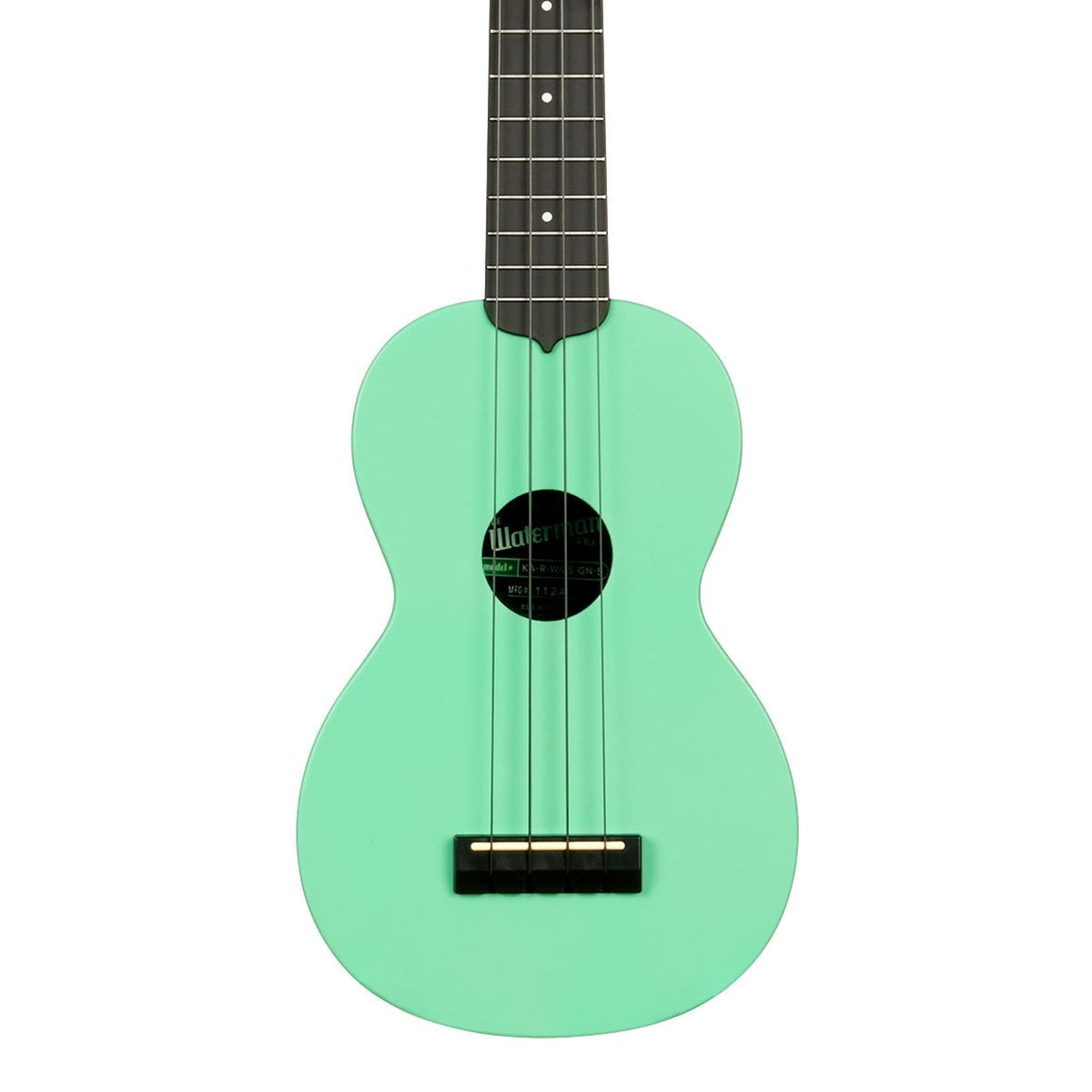 Kala KA-R-WMS-GN-S Sea Foam Green soprano ukulele body, front view showing the soundhole, bridge and lower fingerboard on a white background